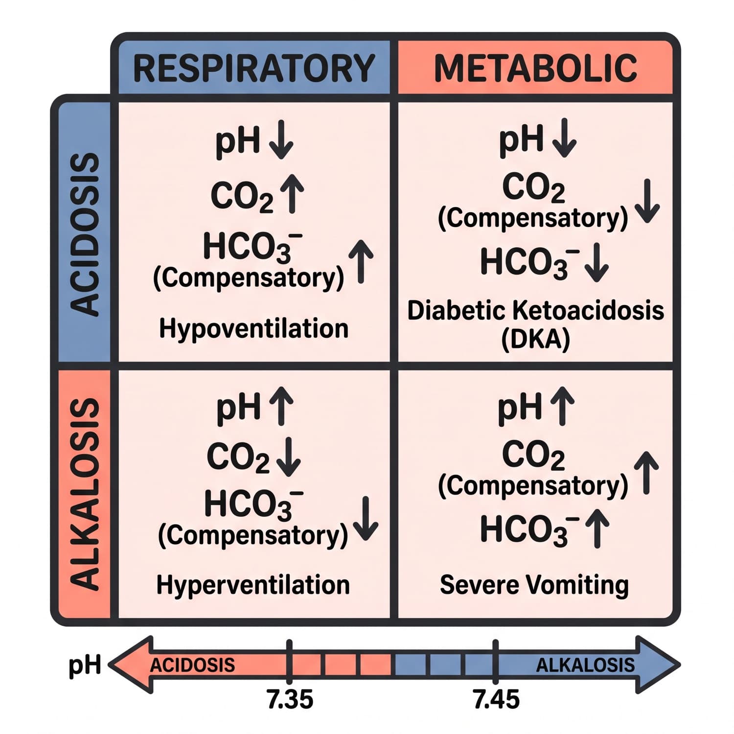 Four-quadrant chart of respiratory and metabolic acidosis and alkalosis with the direction of pH, carbon dioxide and bicarbonate in each.