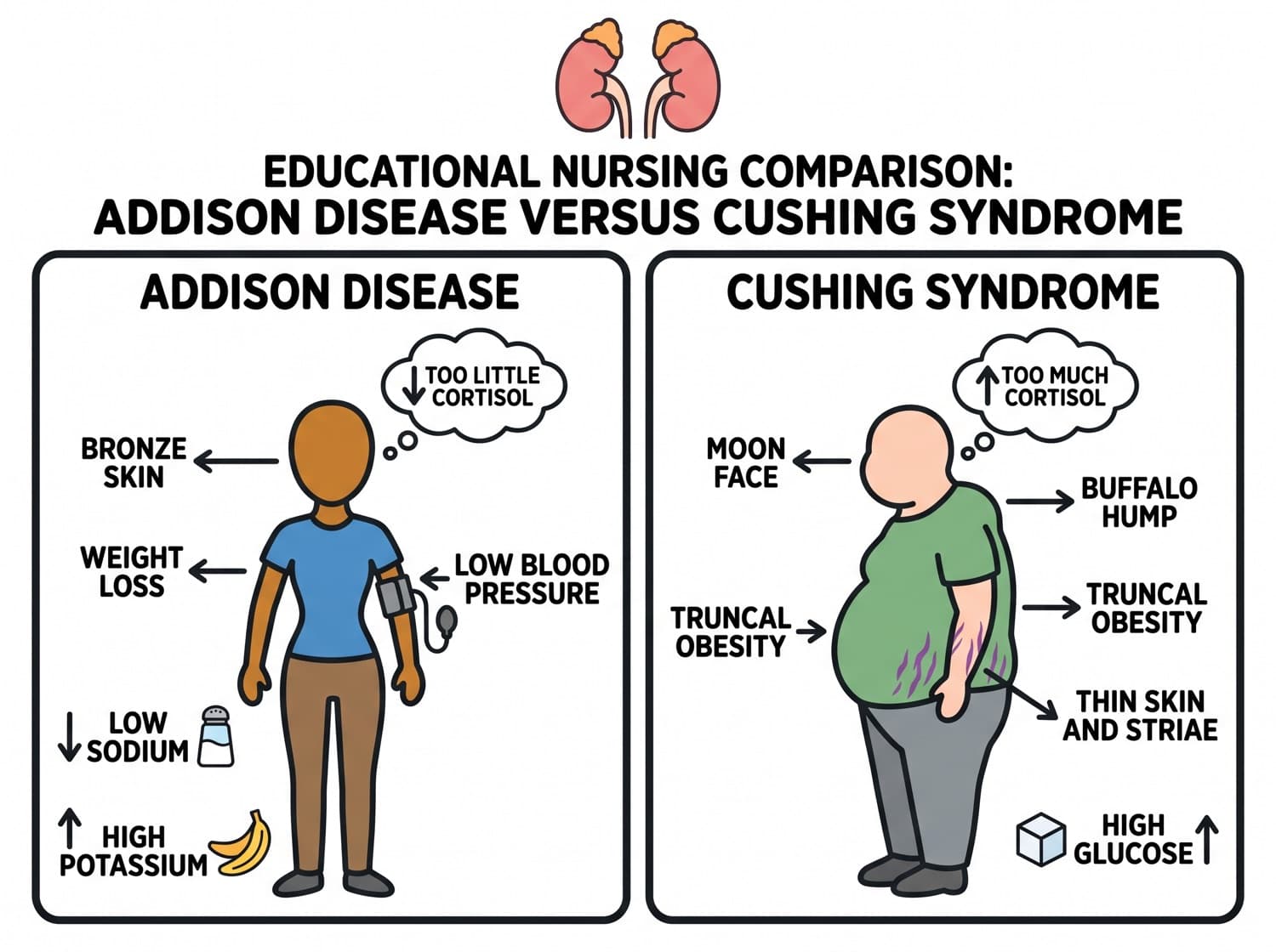 Addison disease and Cushing syndrome compared by appearance and laboratory pattern.