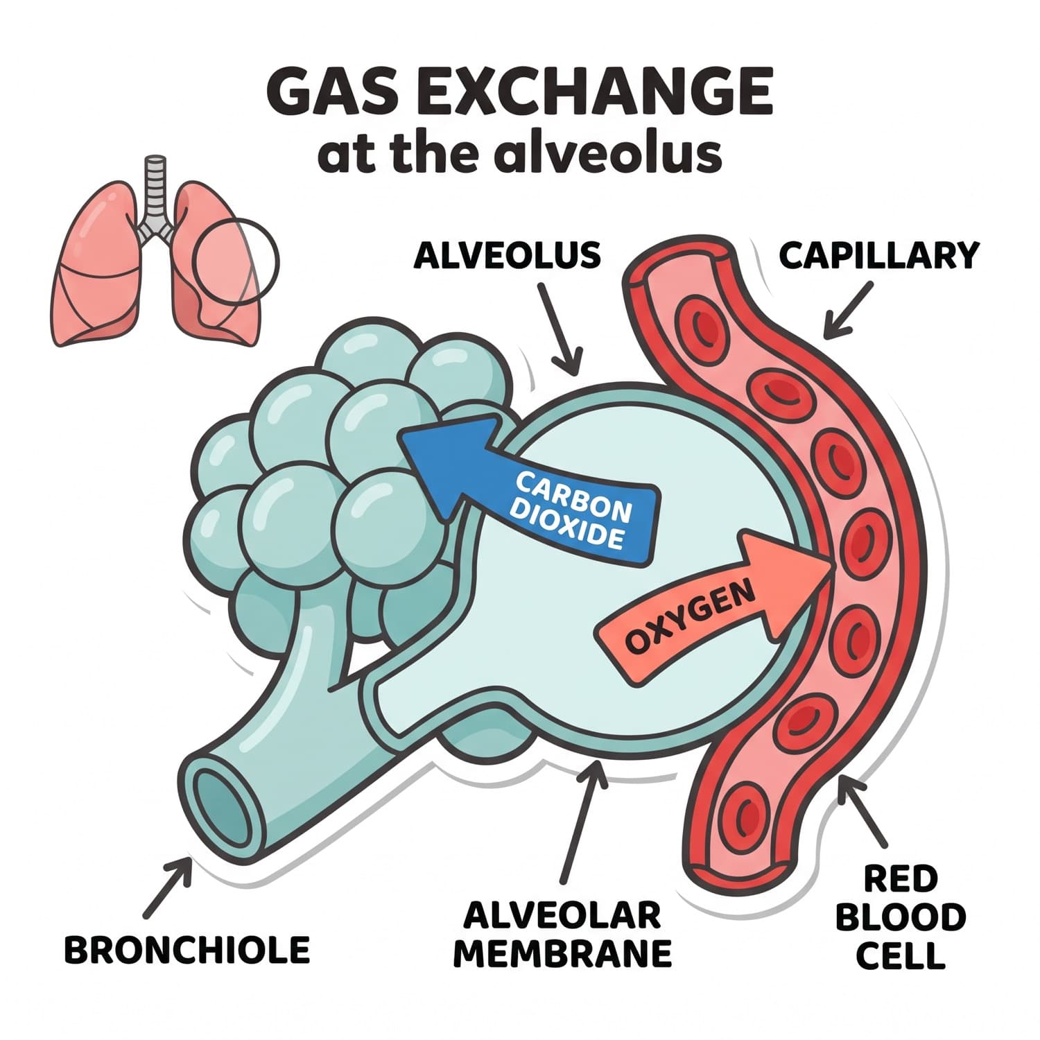 Gas exchange at the alveolus, with oxygen moving into the capillary and carbon dioxide moving out.