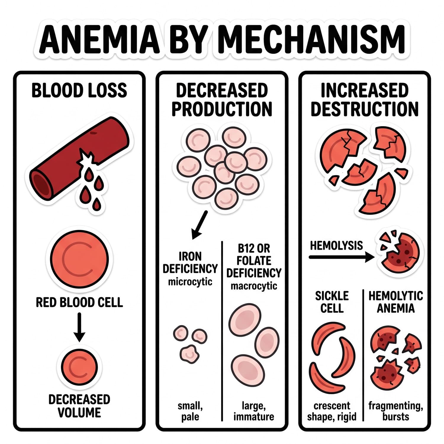 Anemias grouped by mechanism: blood loss, decreased production, and increased destruction.