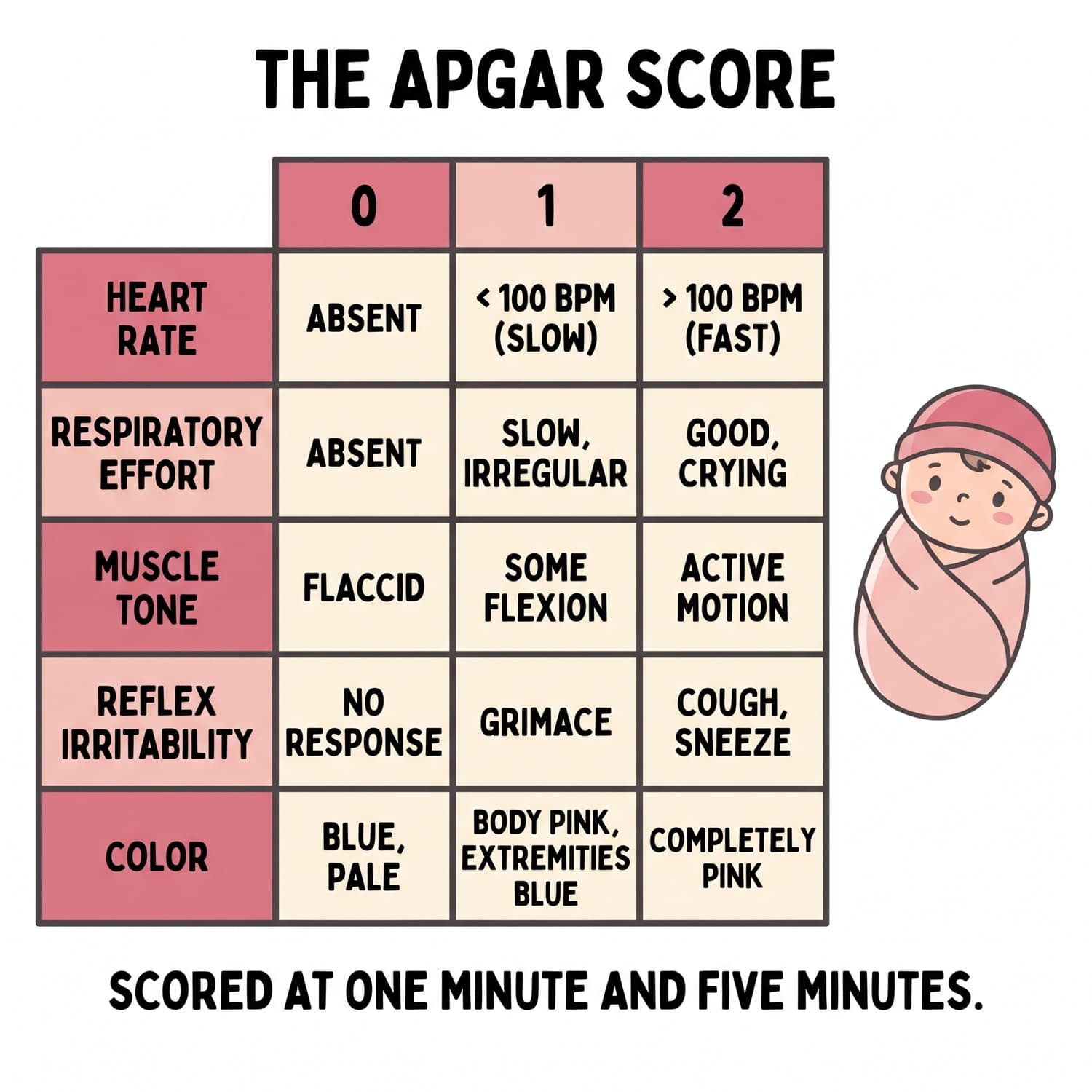 The Apgar scoring grid across its five components and three point values.