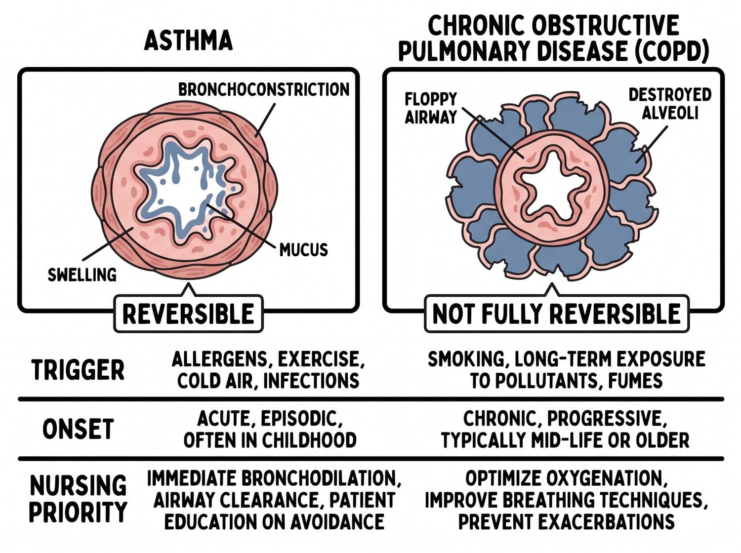 Airway cross-sections comparing reversible asthma narrowing with the fixed obstruction of chronic obstructive pulmonary disease.
