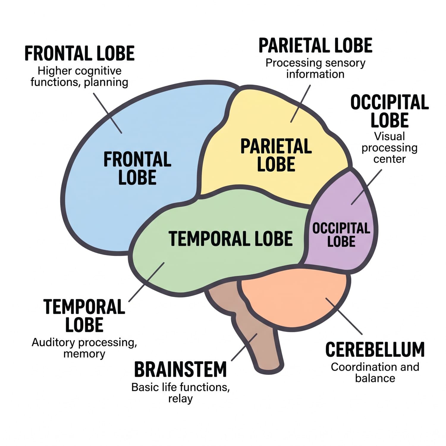 Side view of the brain with the frontal, parietal, temporal and occipital lobes, cerebellum and brainstem labelled by function.