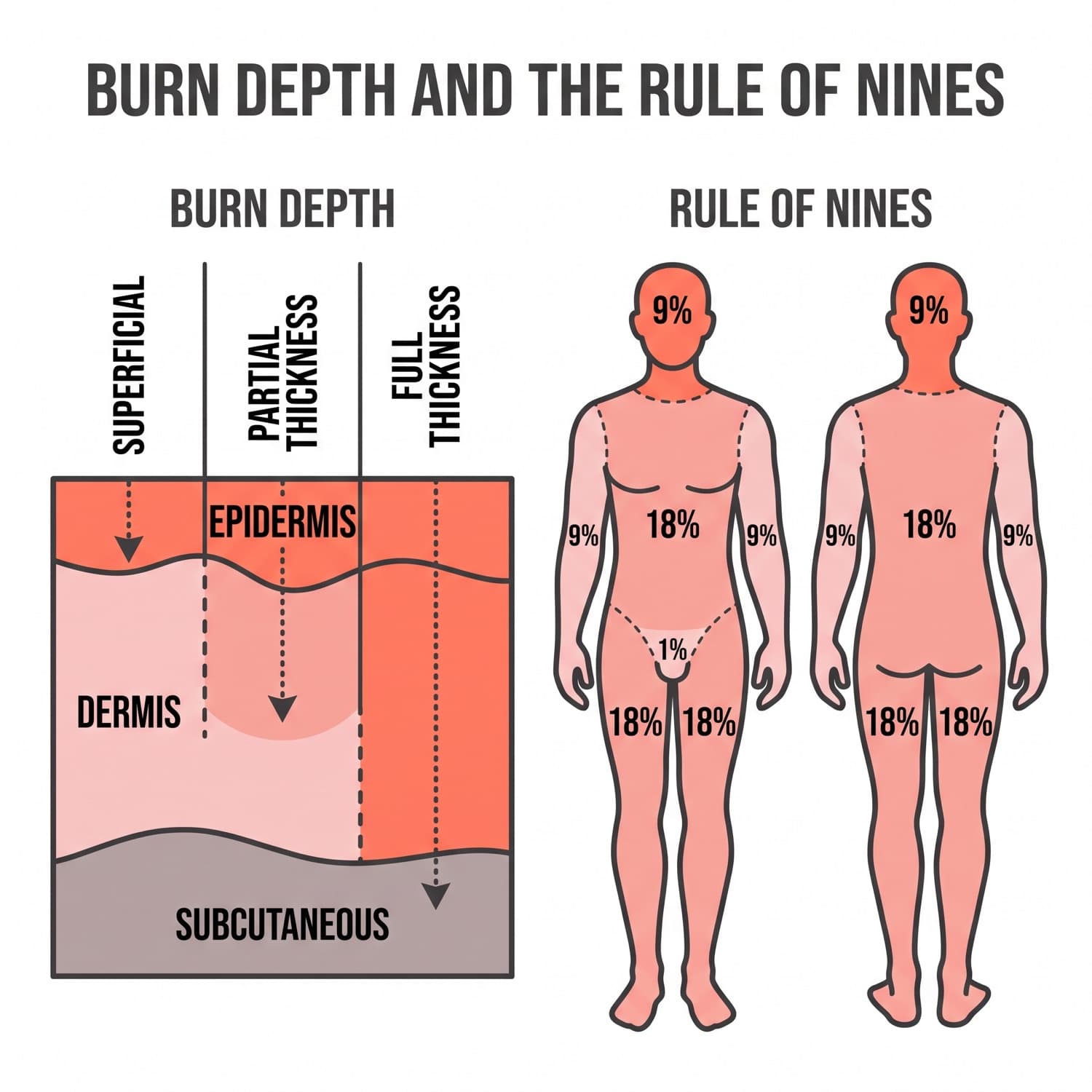 Burn depth shown in skin cross-section beside a body outline carrying the rule of nines percentages.