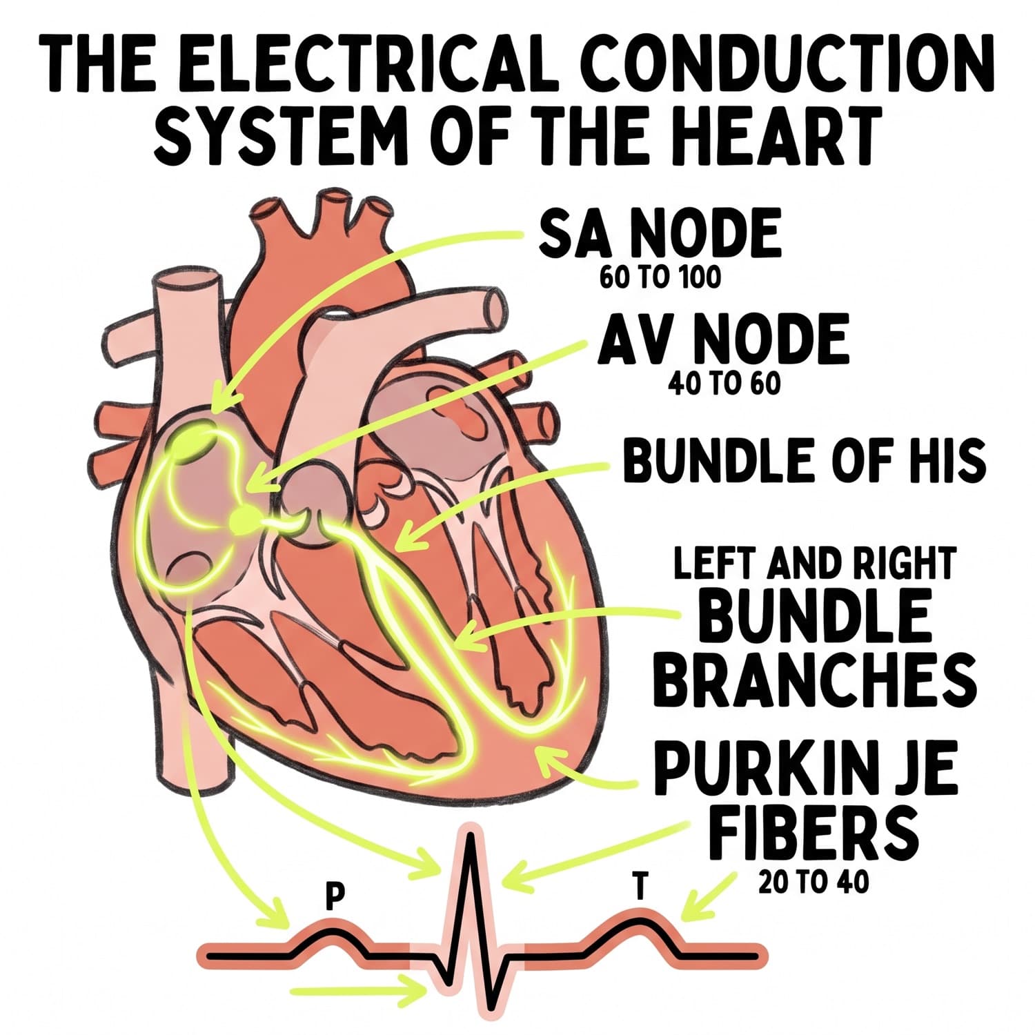 The conduction pathway through the heart from sinoatrial node to Purkinje fibers, with the intrinsic rate of each.