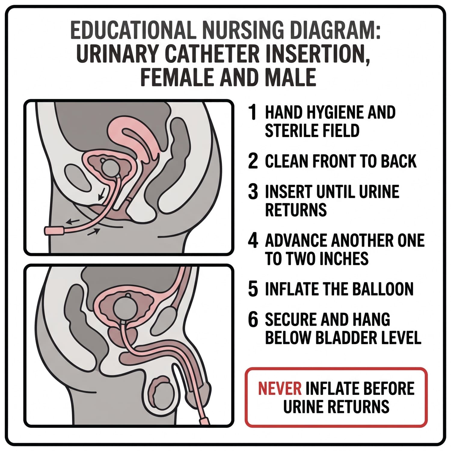 Urinary catheter placement in female and male anatomy with the insertion steps numbered.