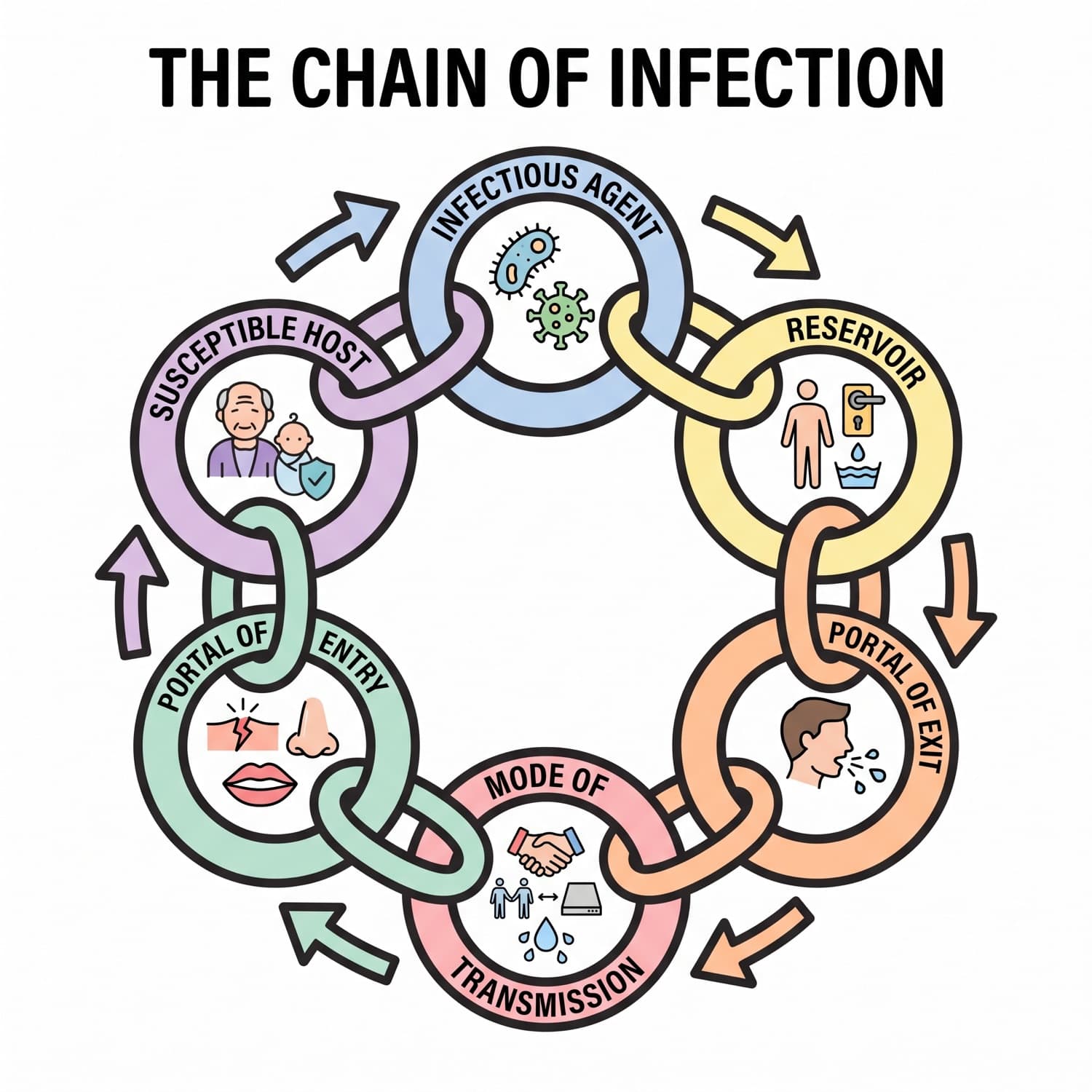 The six links in the chain of infection drawn as a ring: infectious agent, reservoir, portal of exit, mode of transmission, portal of entry, susceptible host.