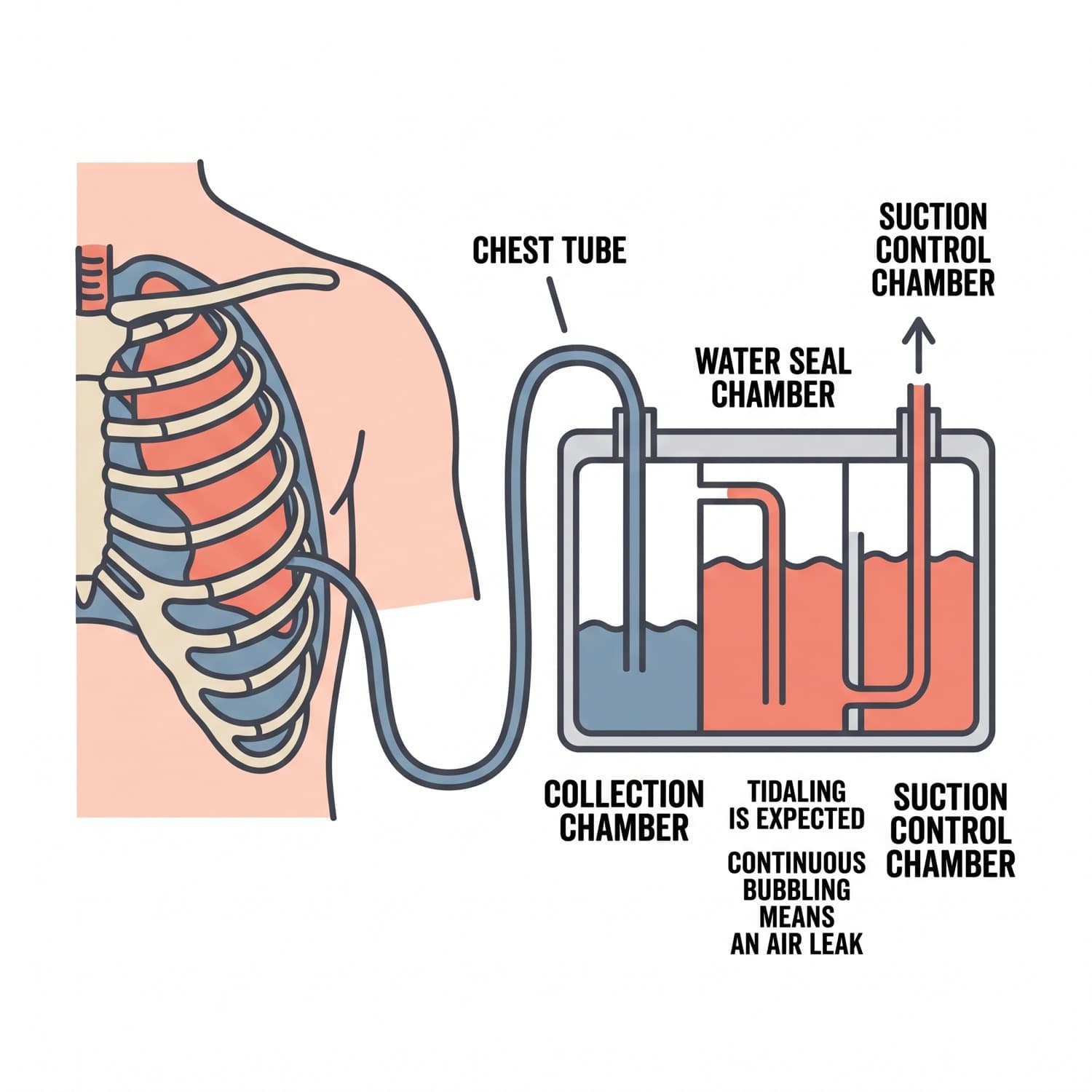A chest tube in the pleural space with the three-chamber drainage unit labelled.