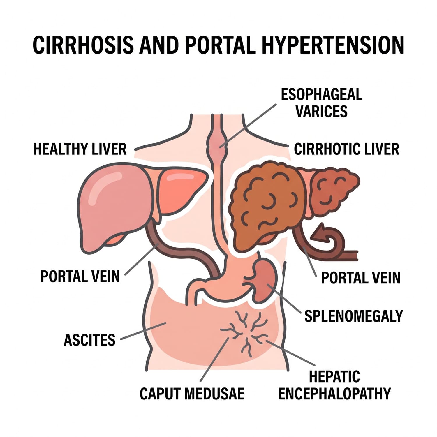 A healthy liver beside a cirrhotic liver, with the consequences of portal hypertension radiating out.