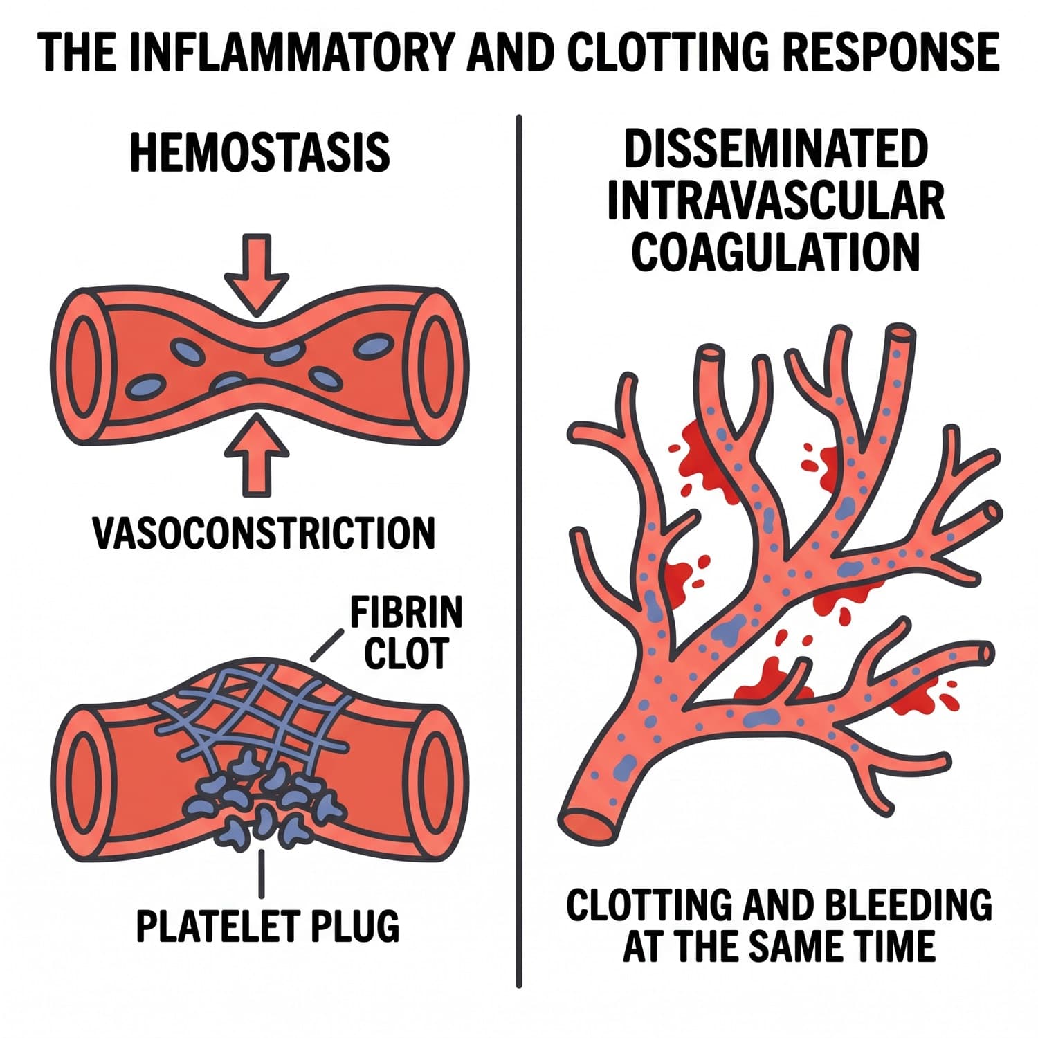 Normal hemostasis beside disseminated intravascular coagulation, where clotting and bleeding happen at once.