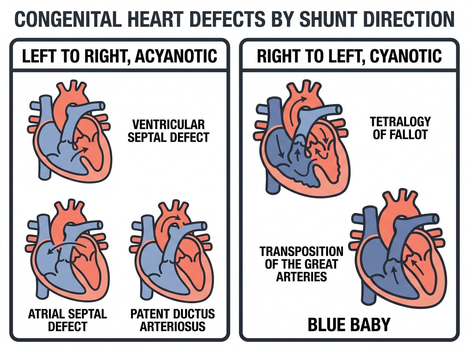 Congenital heart defects grouped by shunt direction into acyanotic and cyanotic.