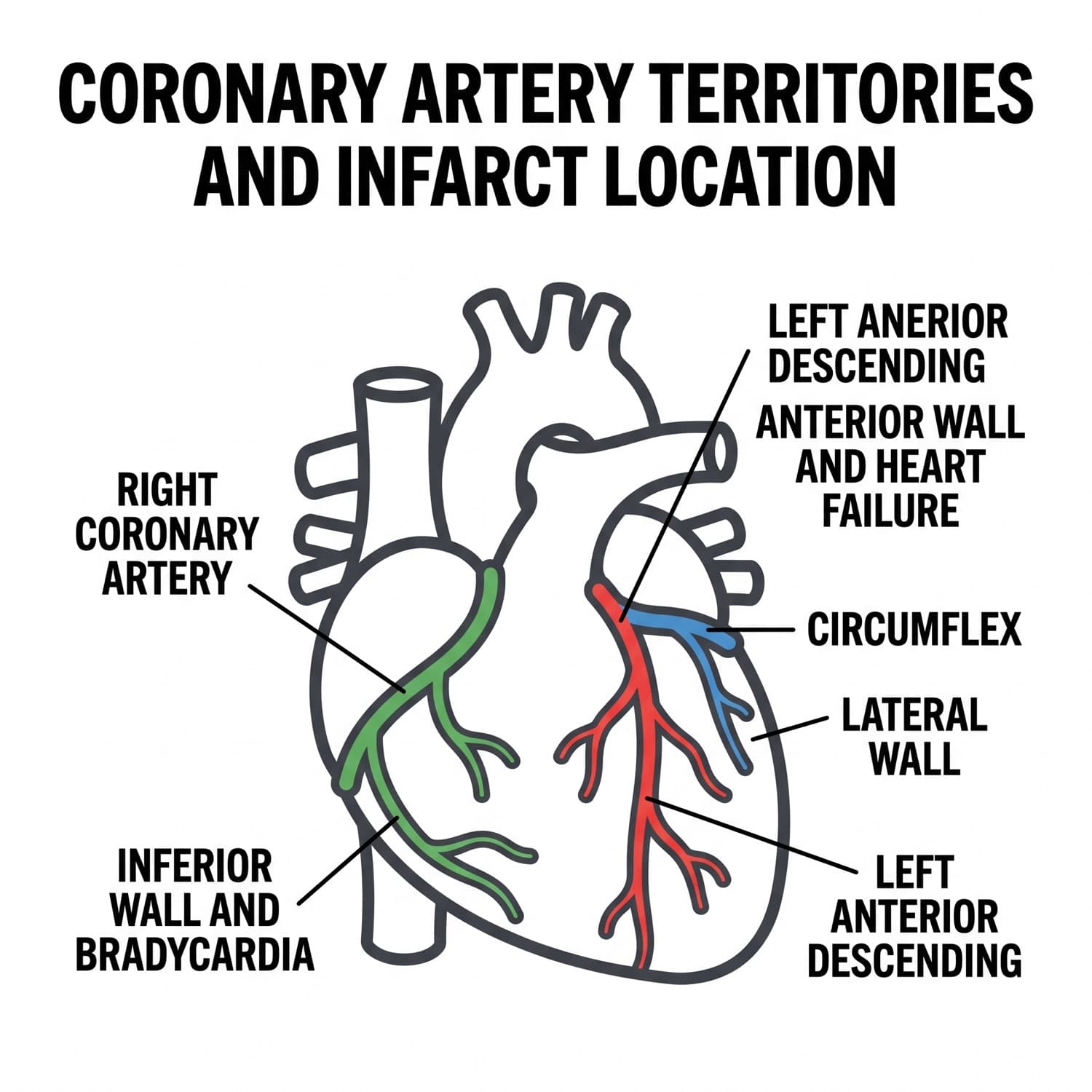 The three coronary arteries with the wall each supplies and the complication each infarct predicts.