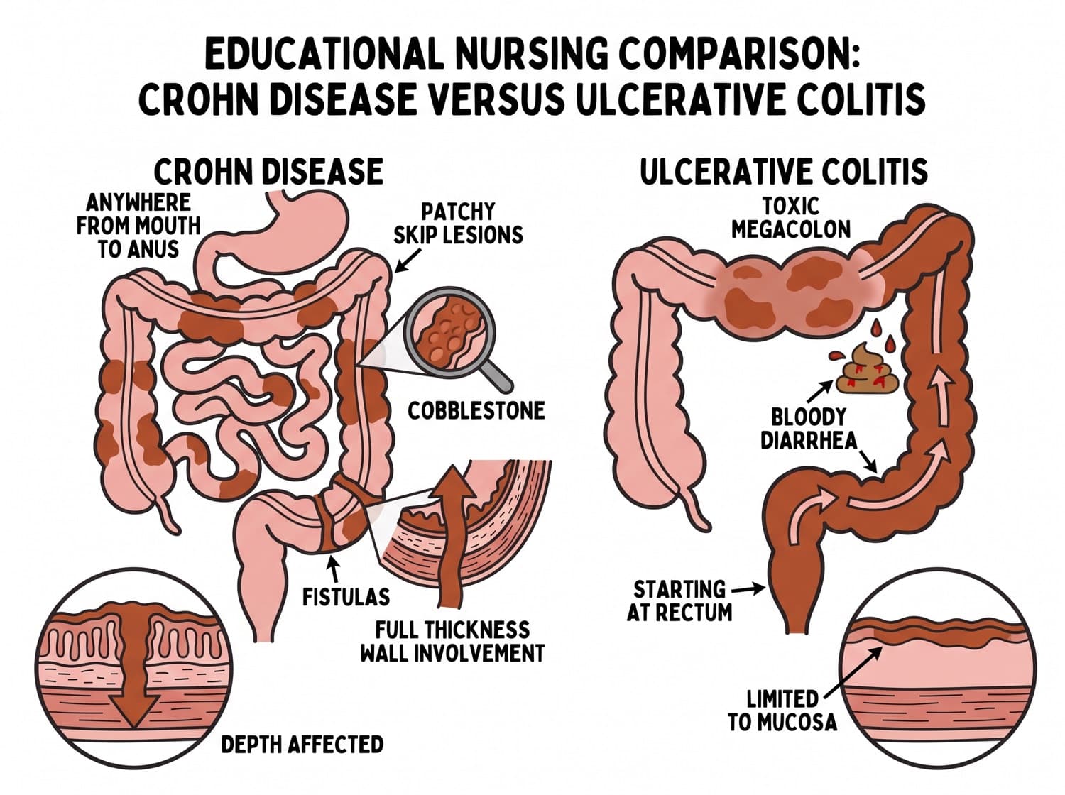 Crohn disease and ulcerative colitis compared by distribution and depth of bowel wall involvement.