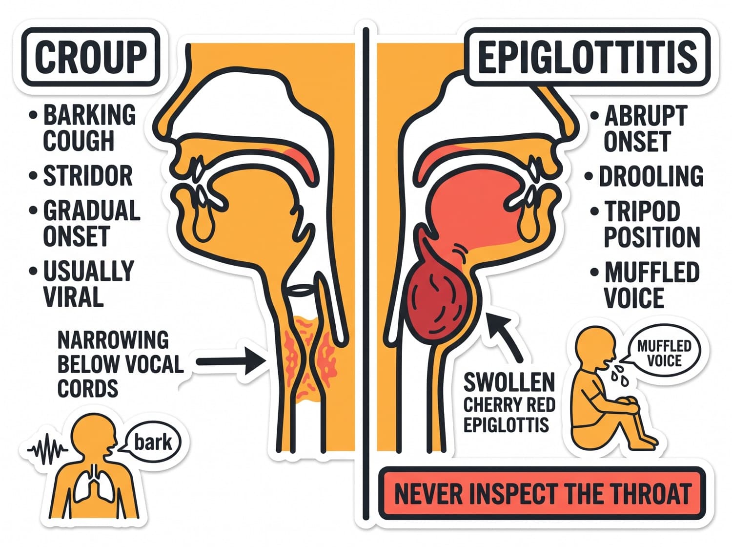 Croup and epiglottitis compared in airway cross-section, with the warning never to inspect the throat.