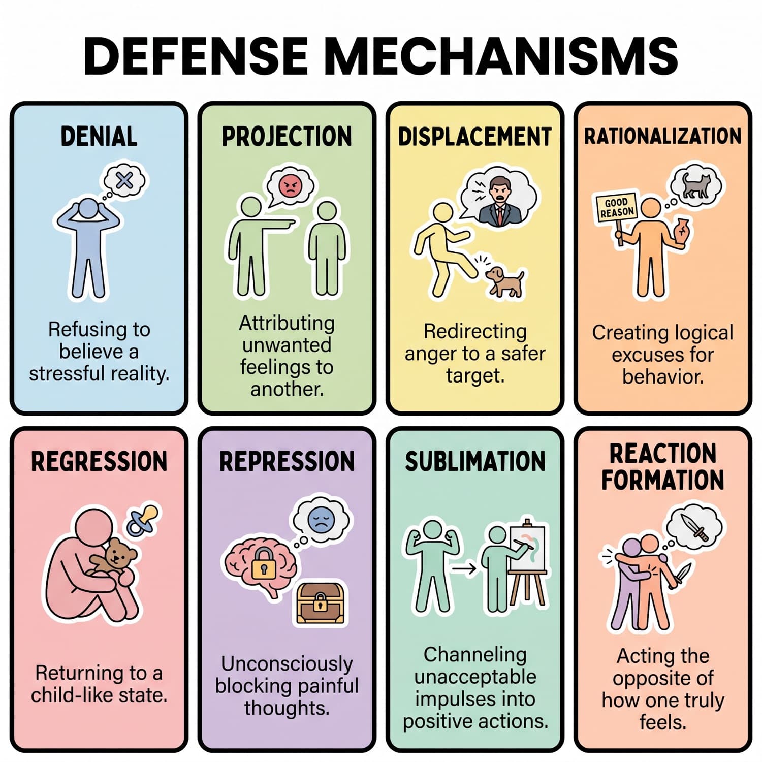 Eight defense mechanisms, each with a plain example.