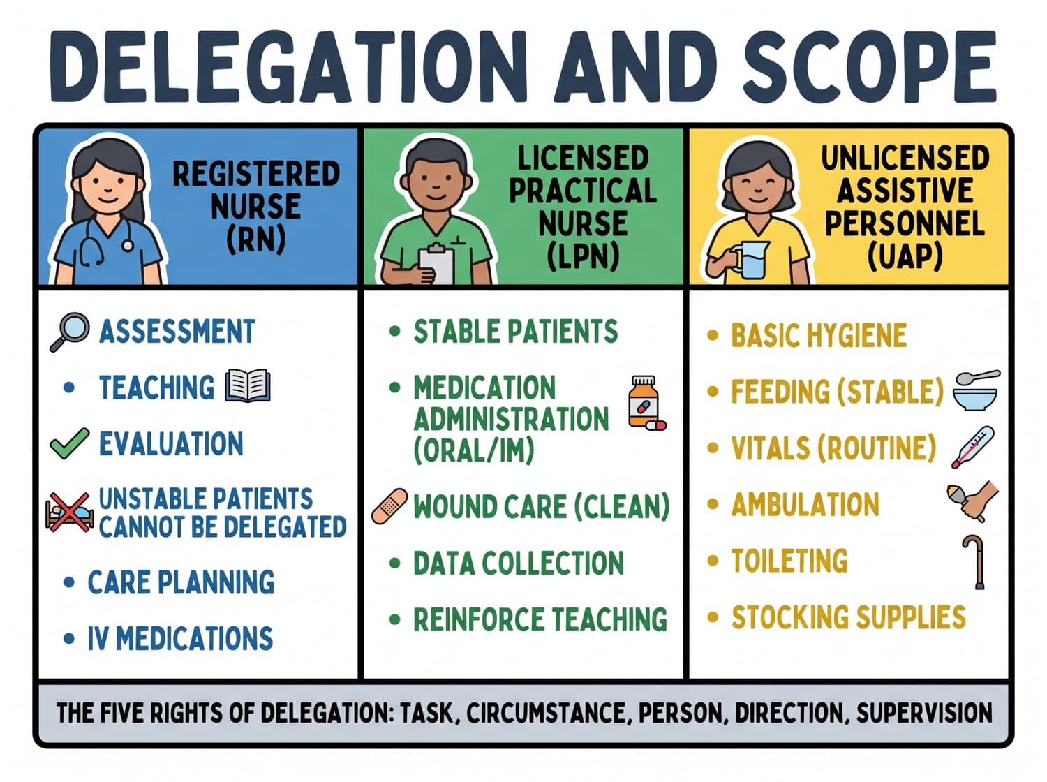 What the registered nurse, licensed practical nurse and unlicensed assistive personnel may each do, with the five rights of delegation beneath.