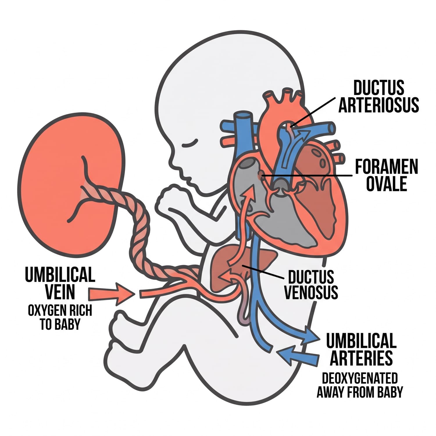 Fetal circulation with the ductus venosus, foramen ovale and ductus arteriosus labelled, and the umbilical vessels marked by oxygen content.