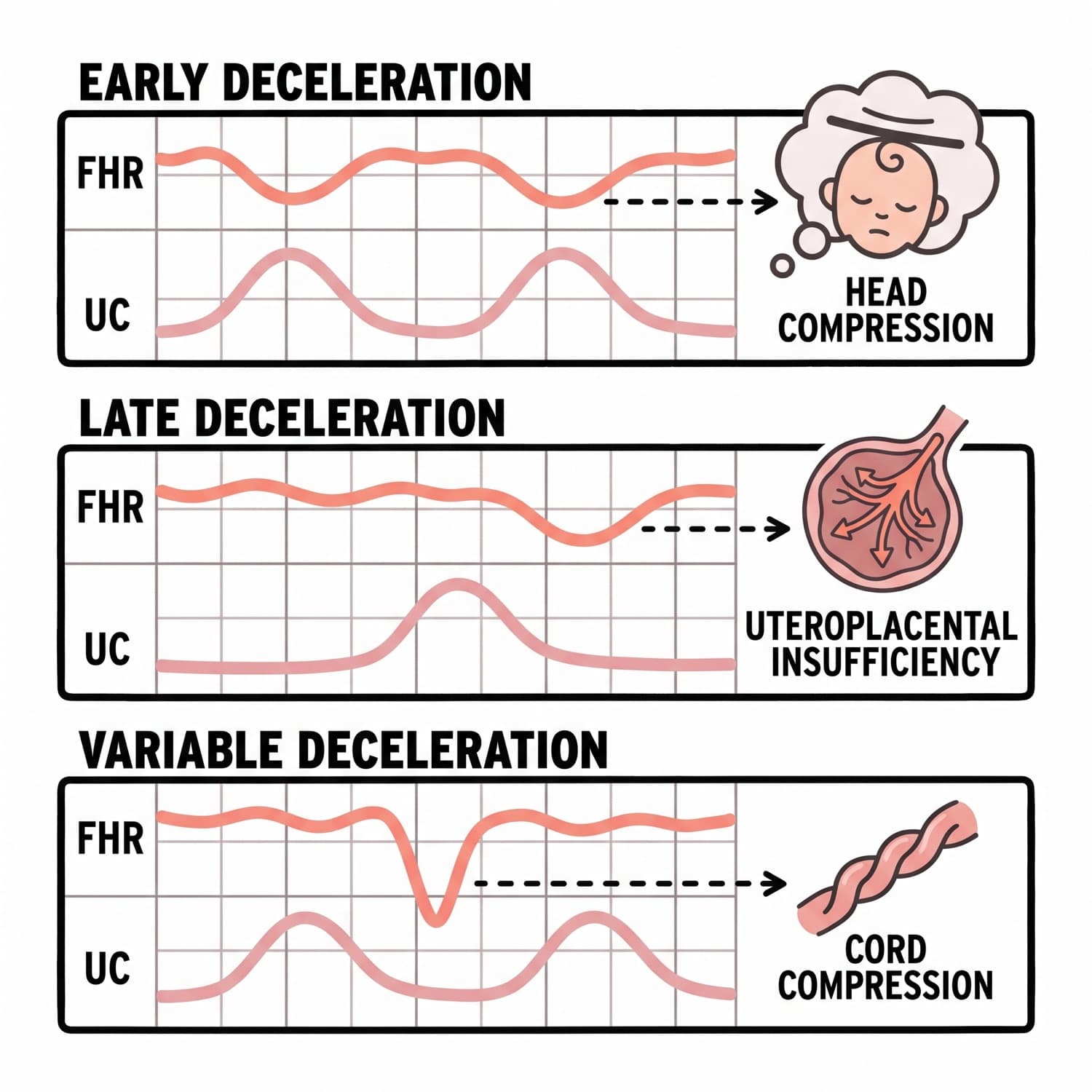 Early, late and variable fetal heart rate decelerations drawn against the contraction that produces each.