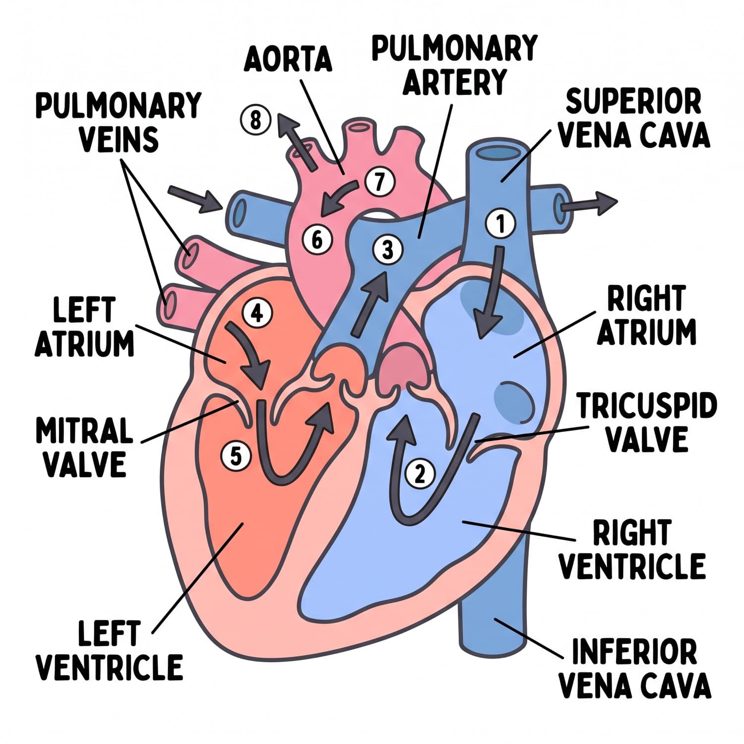 Cut-away of the heart with the four chambers labelled and the path of blood numbered one to eight, right side blue and left side coral.