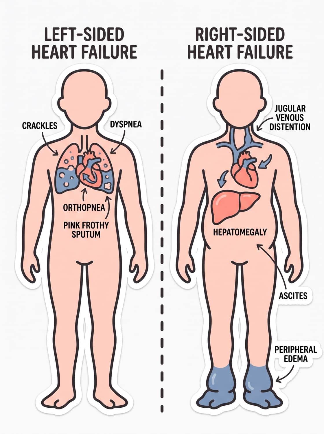 Two body outlines comparing left-sided heart failure, which backs up into the lungs, with right-sided heart failure, which backs up into the body.