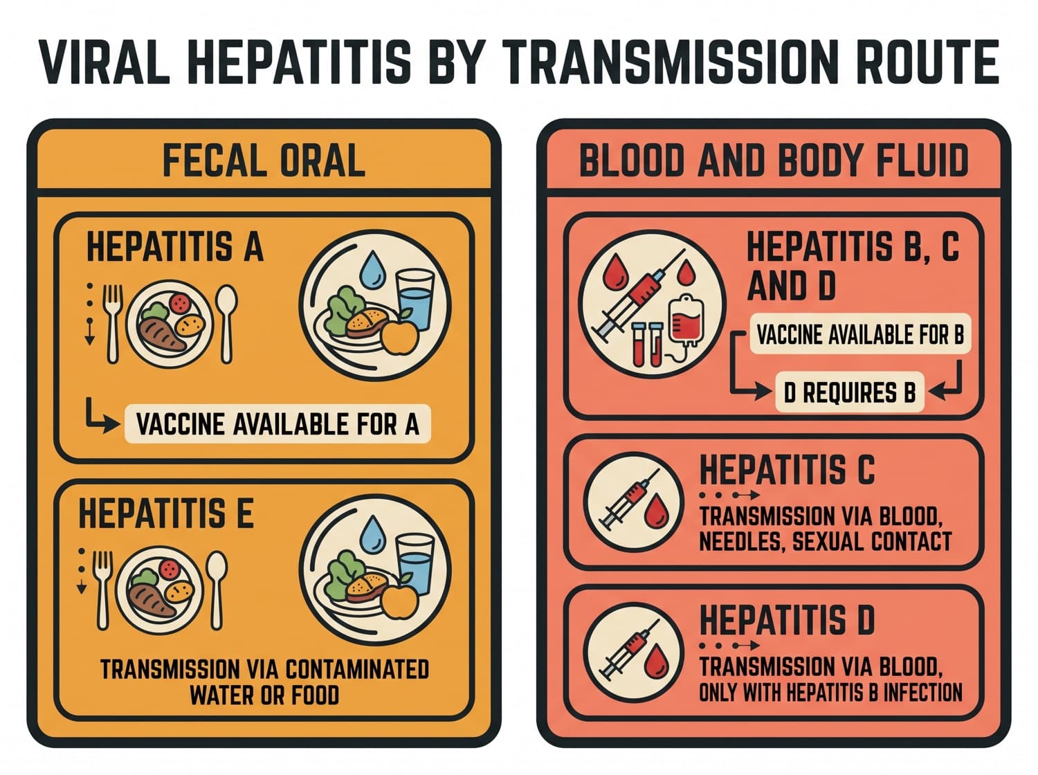 The hepatitis viruses grouped by transmission route rather than by letter.