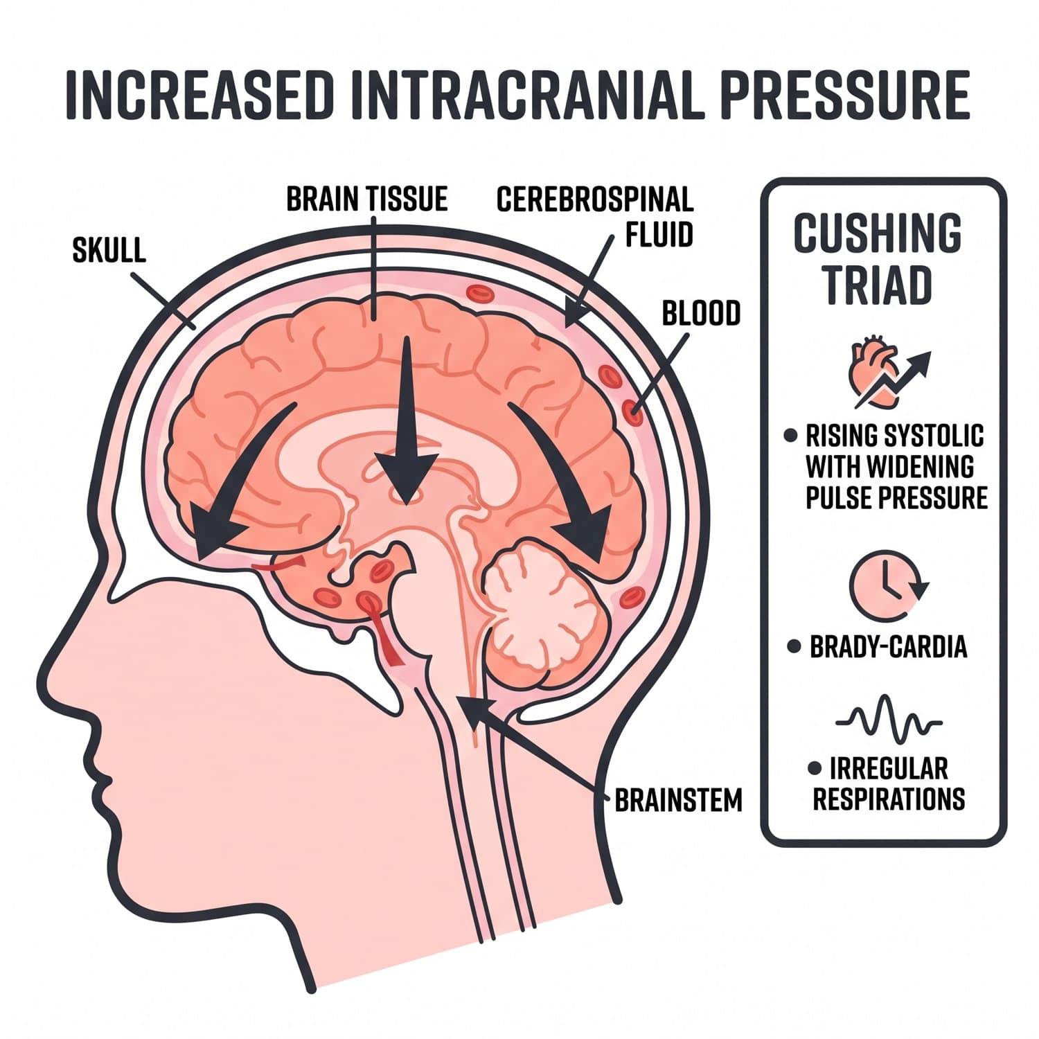 Cut-away of the skull showing rising intracranial pressure, with Cushing's triad listed alongside.