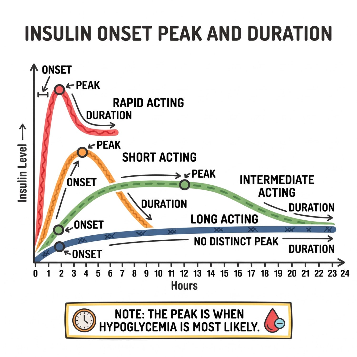 Onset, peak and duration curves for rapid, short, intermediate and long acting insulin plotted over twenty-four hours.