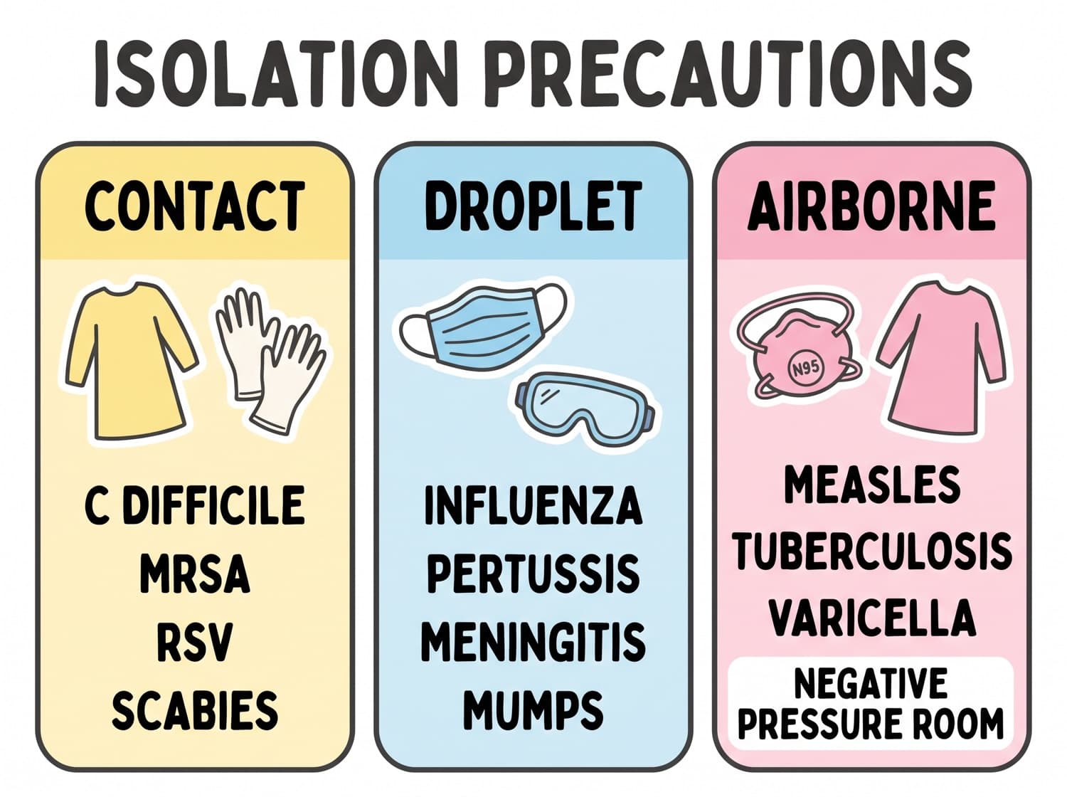 Three columns comparing contact, droplet and airborne precautions by the protective equipment required and the conditions that call for each.