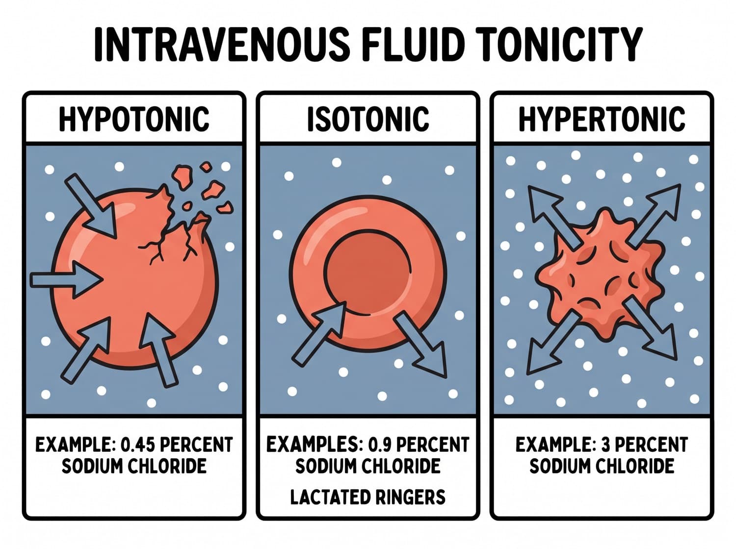 Hypotonic, isotonic and hypertonic fluids shown by what each does to a red blood cell.