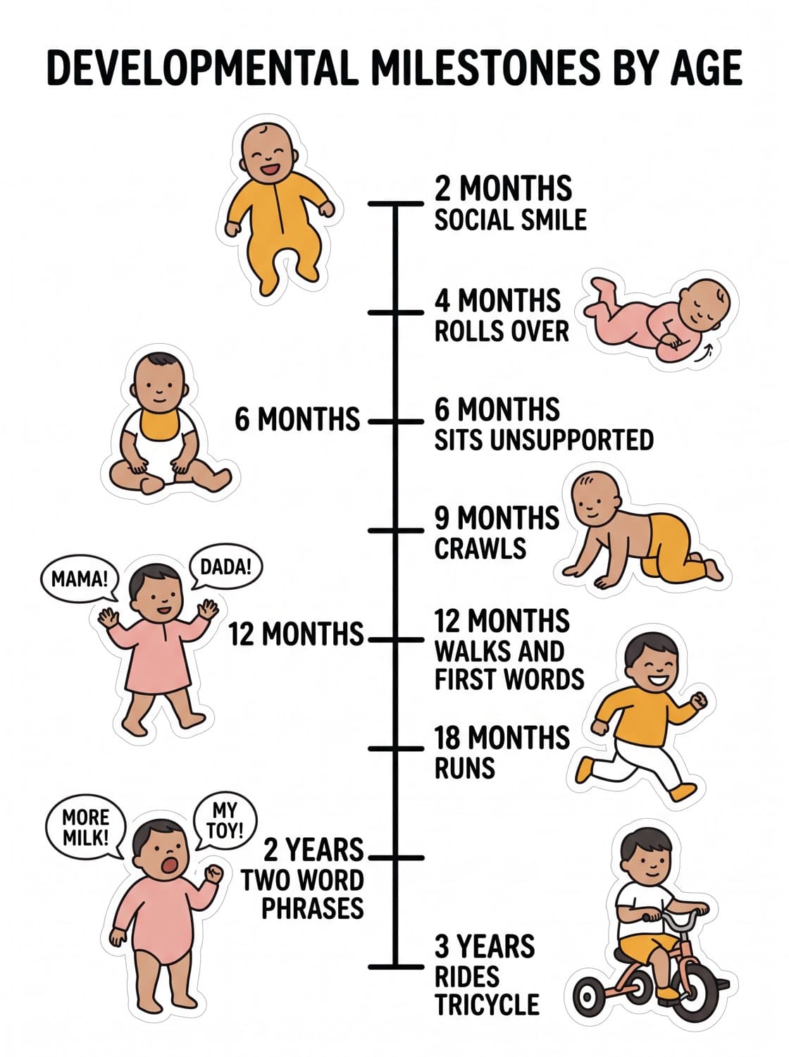Developmental milestones on a vertical timeline from two months to three years.