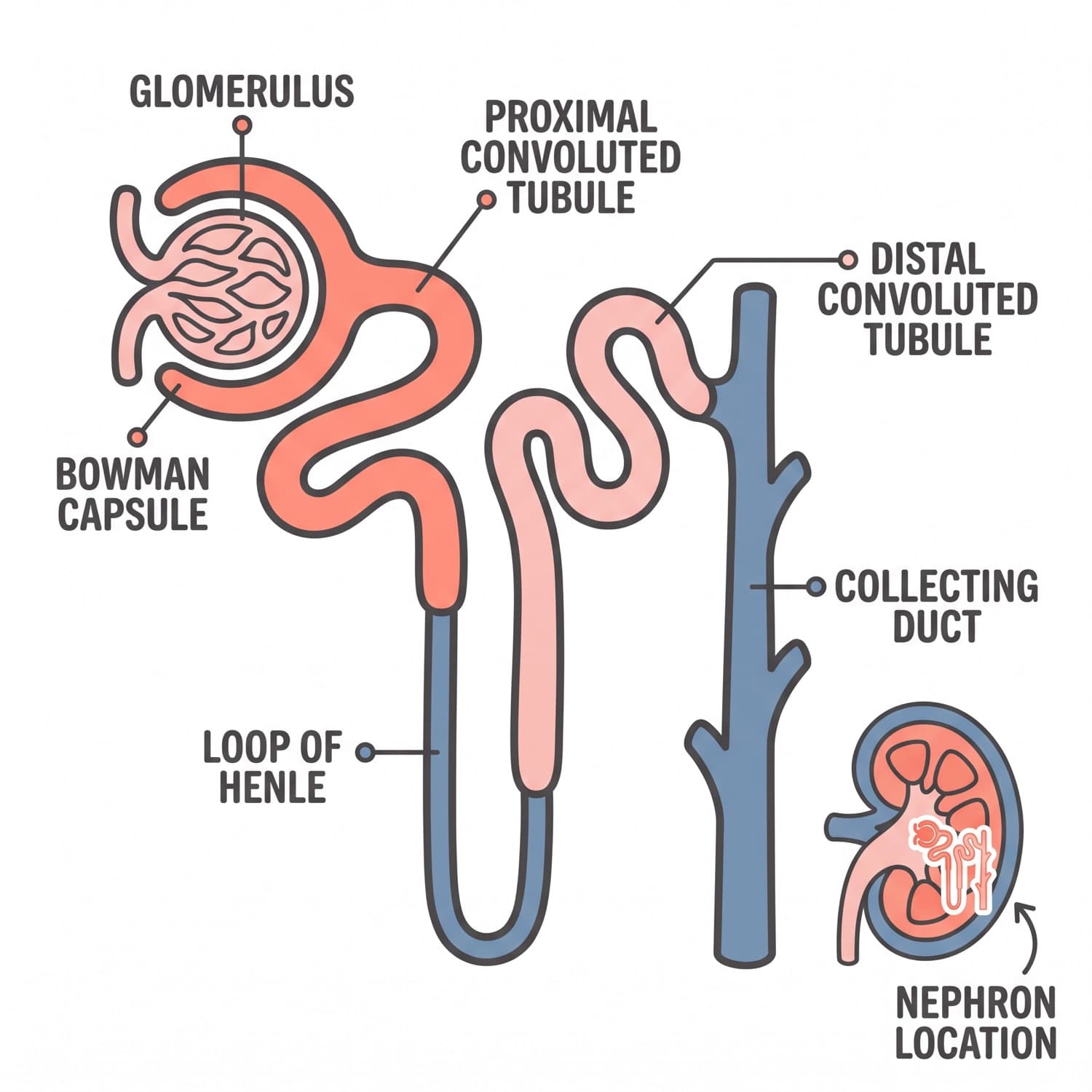 Cross-section of a nephron with the glomerulus, Bowman capsule, tubules, loop of Henle and collecting duct labelled.