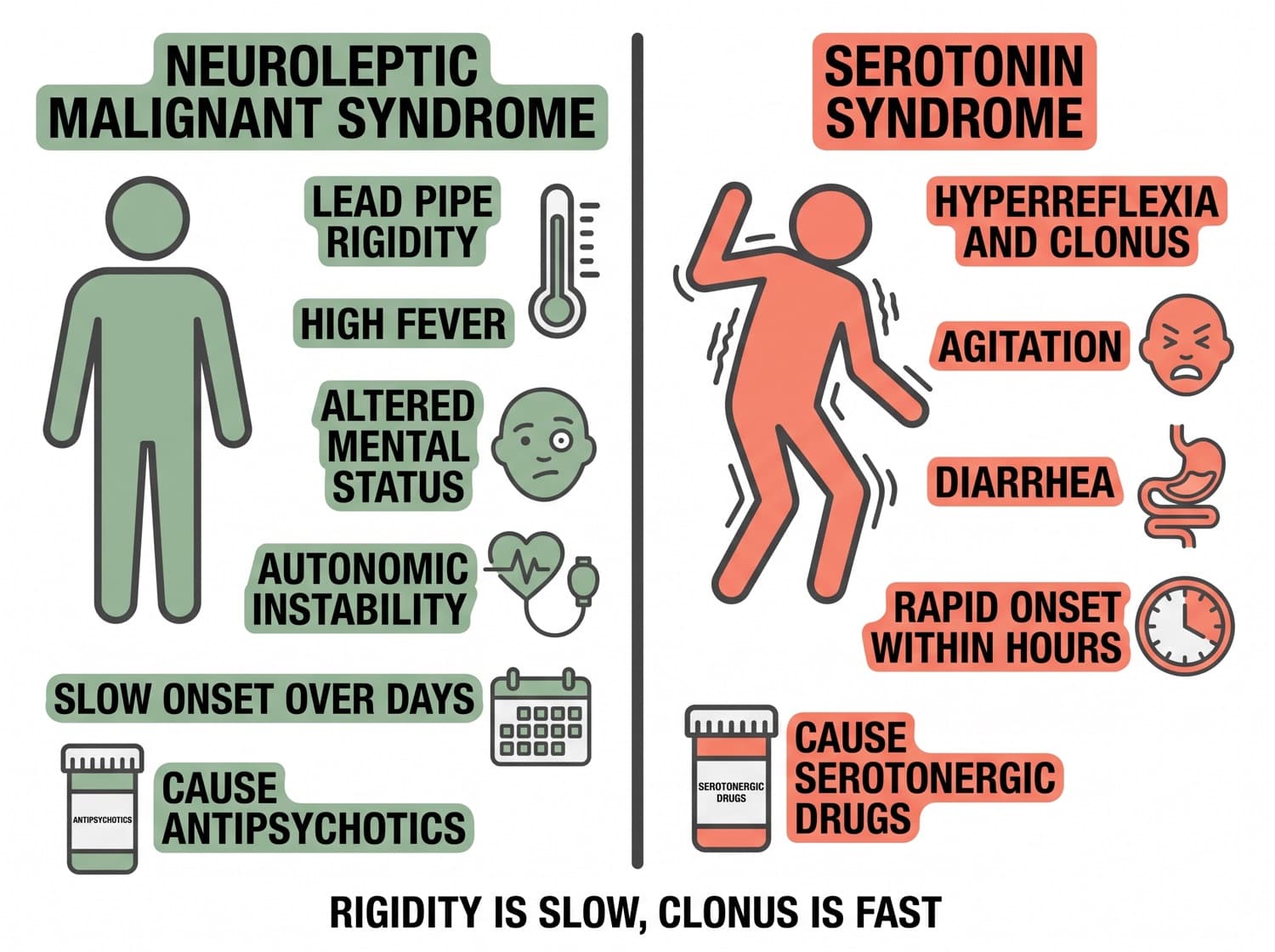 Neuroleptic malignant syndrome and serotonin syndrome compared by onset, rigidity and reflexes.