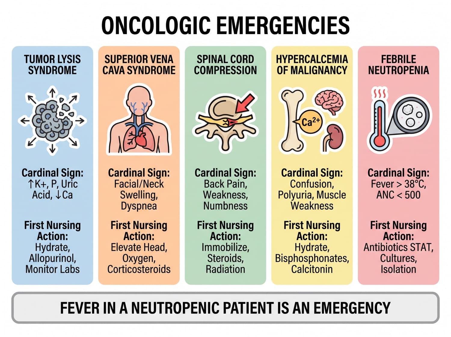 Five oncologic emergencies with the cardinal sign and first action for each.
