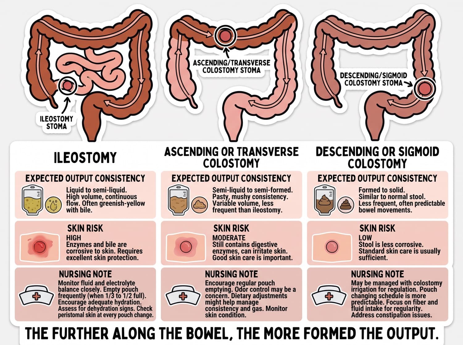 Expected ostomy output by stoma site, from liquid at the ileum to formed at the sigmoid.