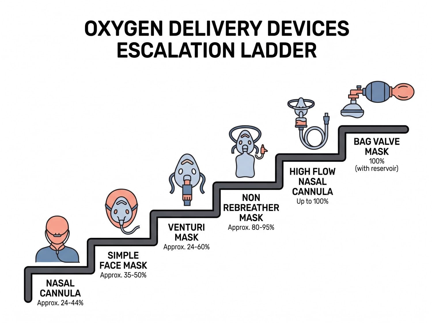 Oxygen delivery devices arranged as an escalation ladder with the approximate oxygen percentage each provides.