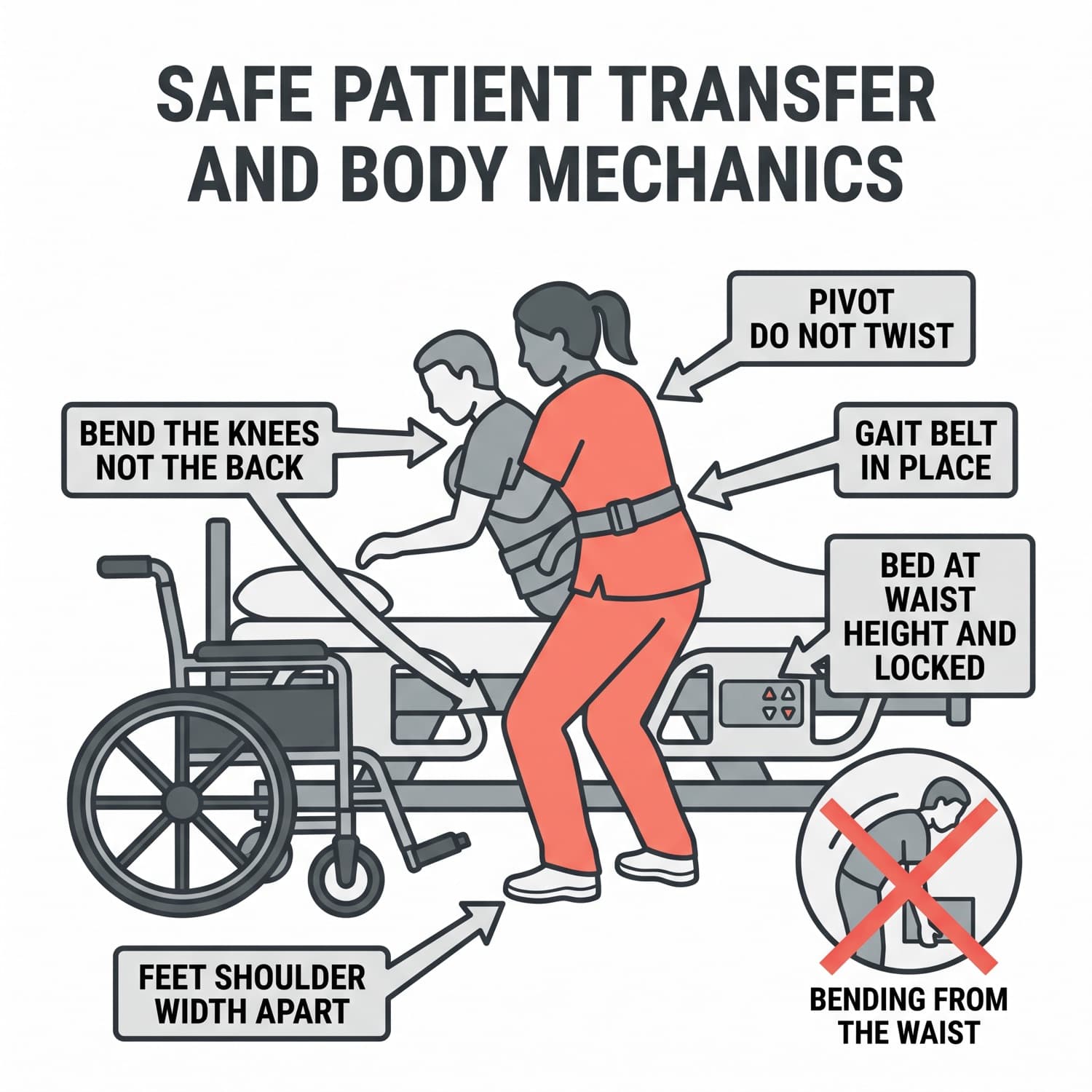 Safe transfer from bed to chair with the body mechanics called out.