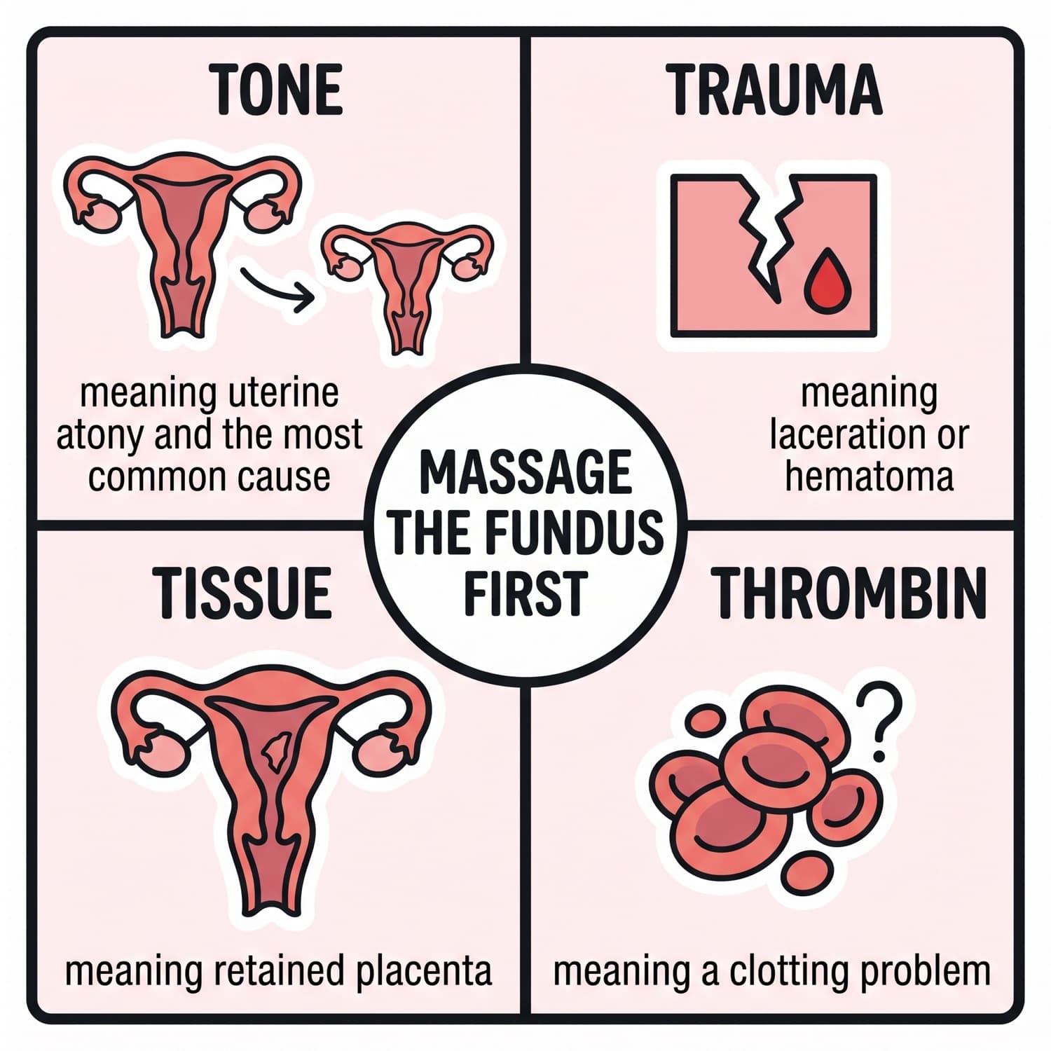 The four T causes of postpartum hemorrhage with the first action at the centre.