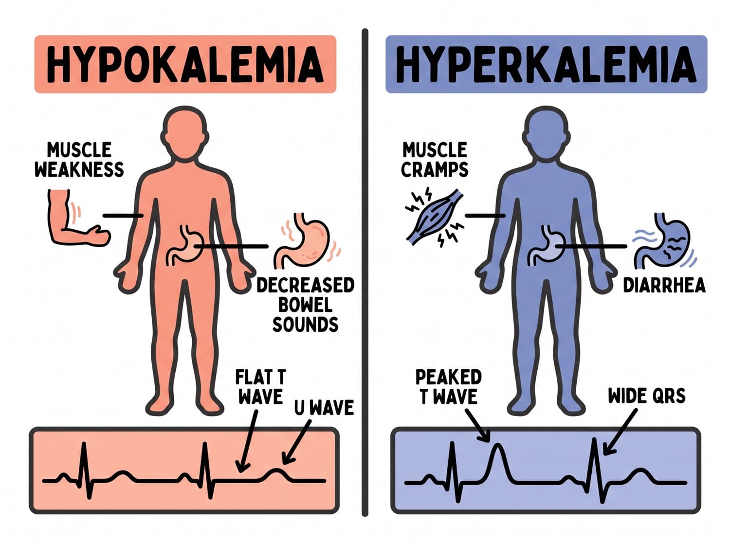 Hypokalemia and hyperkalemia compared side by side with their signs and the ECG change each produces.