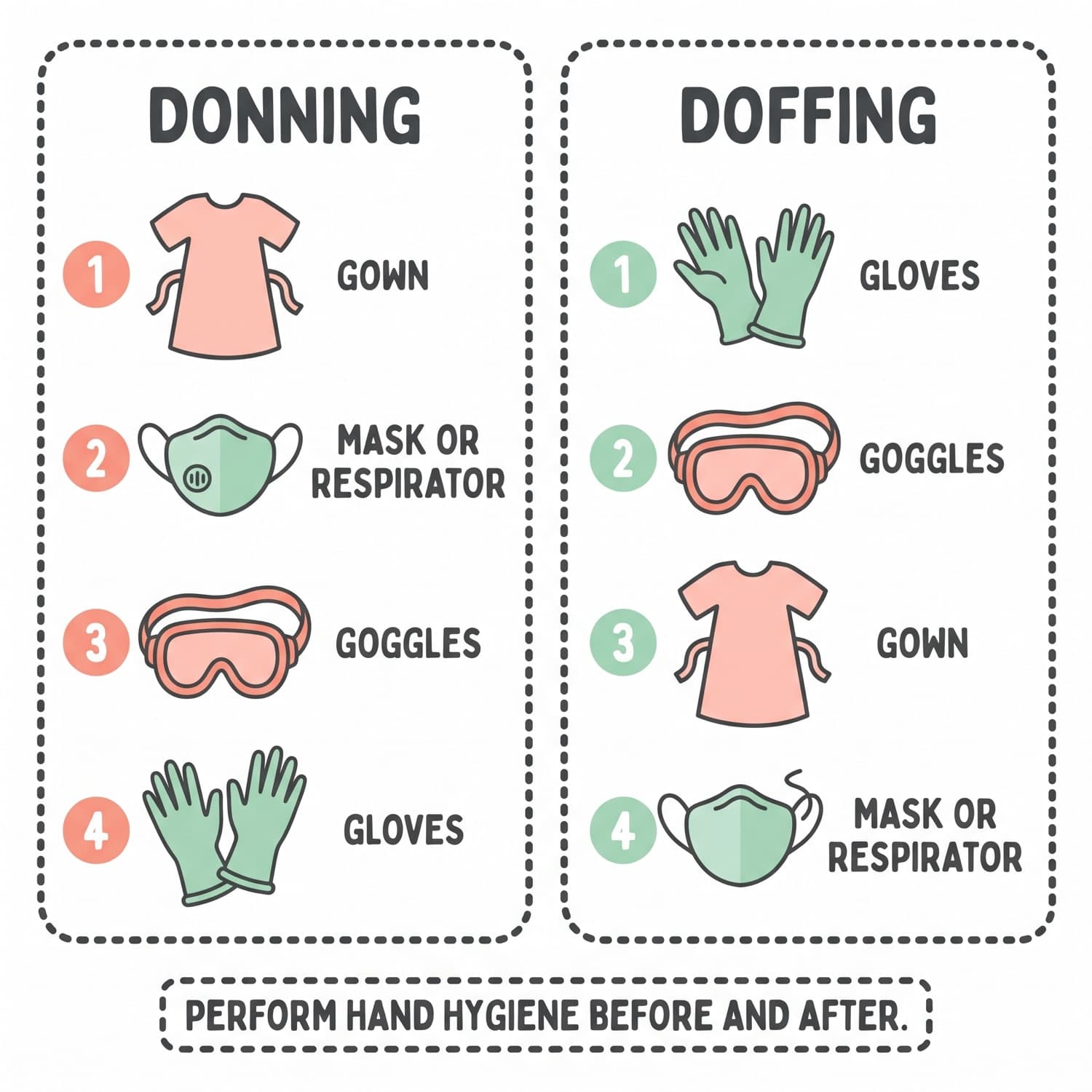 Donning and doffing sequences for personal protective equipment shown as two numbered columns.