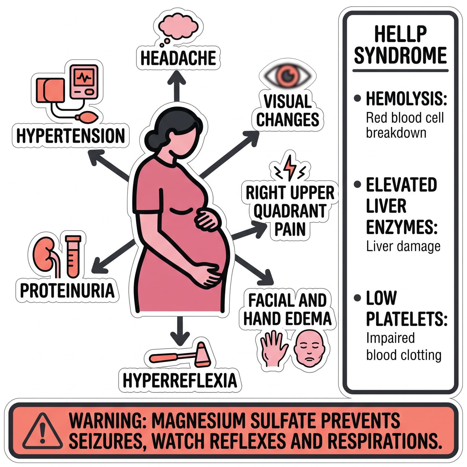Preeclampsia findings on a pregnant figure, with the HELLP triad and the magnesium warning.