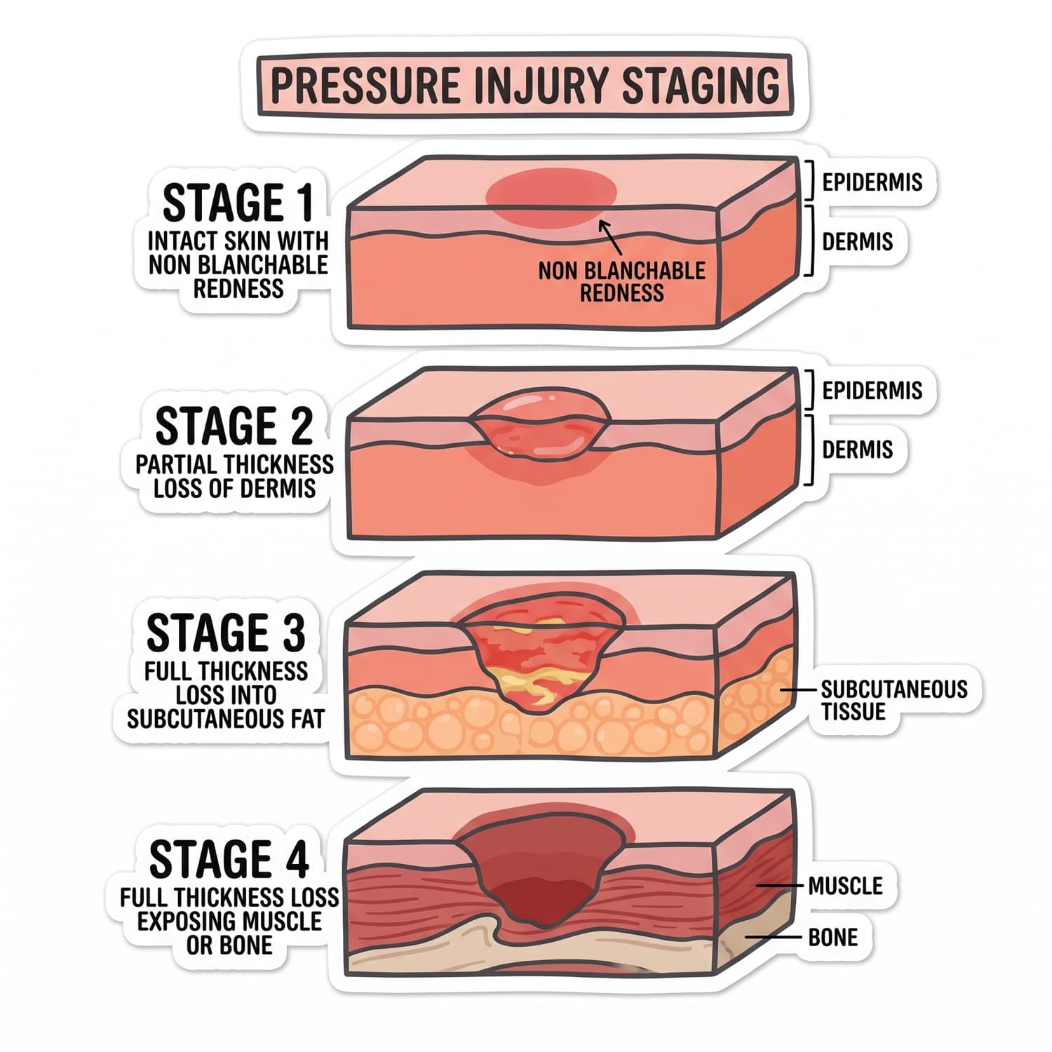 Four skin cross-sections showing pressure injury stages one to four by depth of tissue loss.