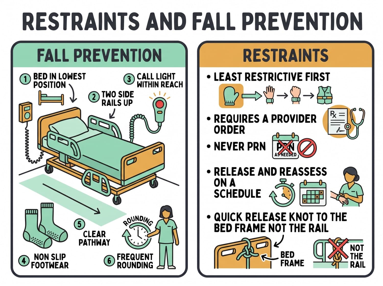 Fall prevention points at the bedside beside the rules governing restraint use.