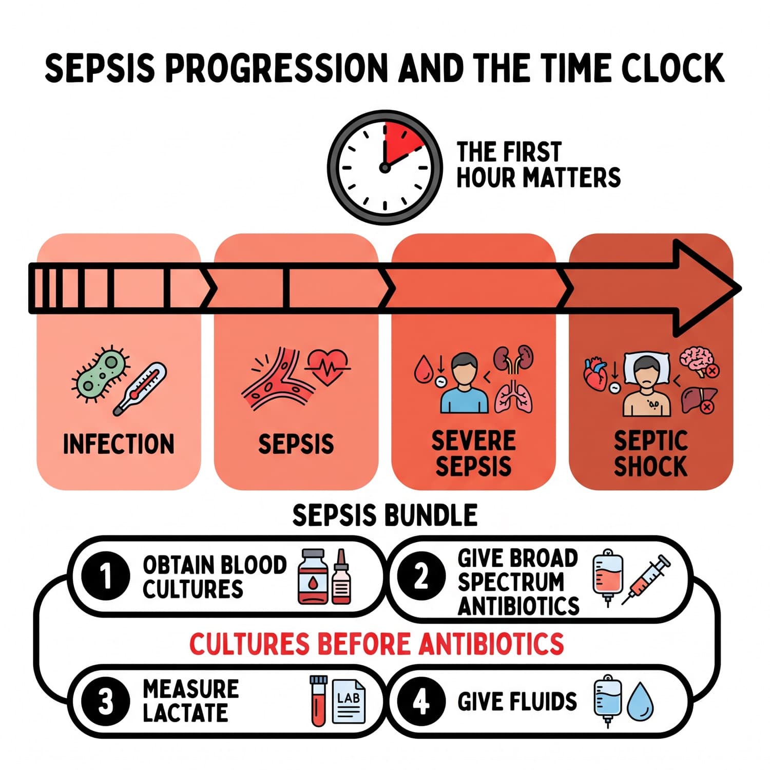 Sepsis progressing from infection to septic shock, with the first-hour bundle beneath.