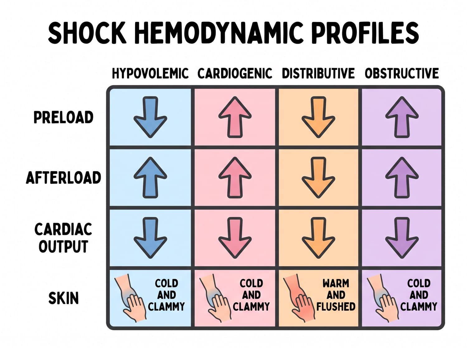 Grid comparing the four shock states by preload, afterload, cardiac output and skin findings.