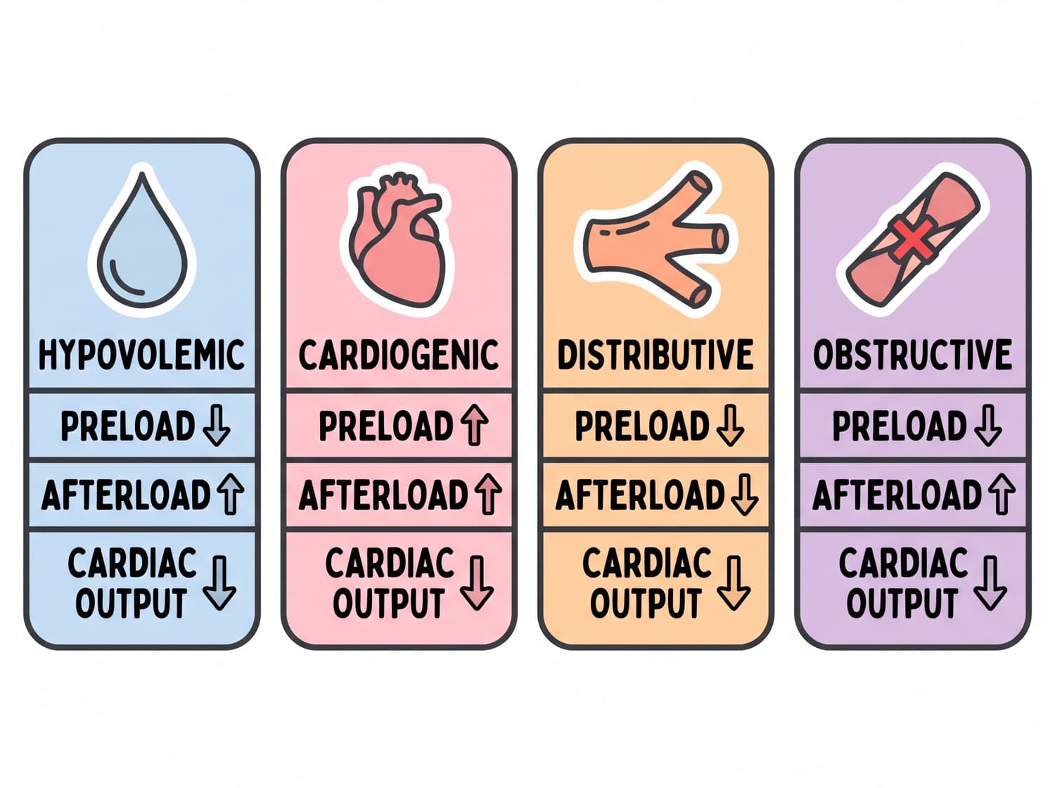 Four columns comparing hypovolemic, cardiogenic, distributive and obstructive shock by preload, afterload and cardiac output.