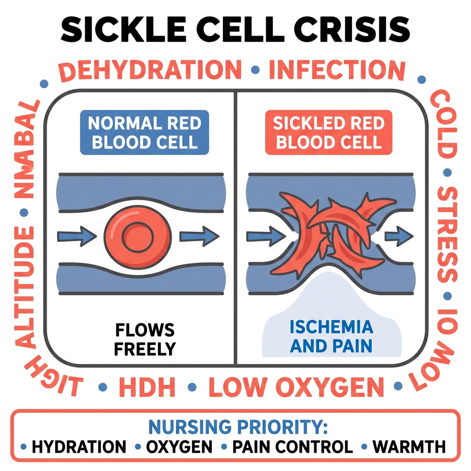 Sickled cells occluding a vessel, with the triggers of crisis and the nursing priorities.