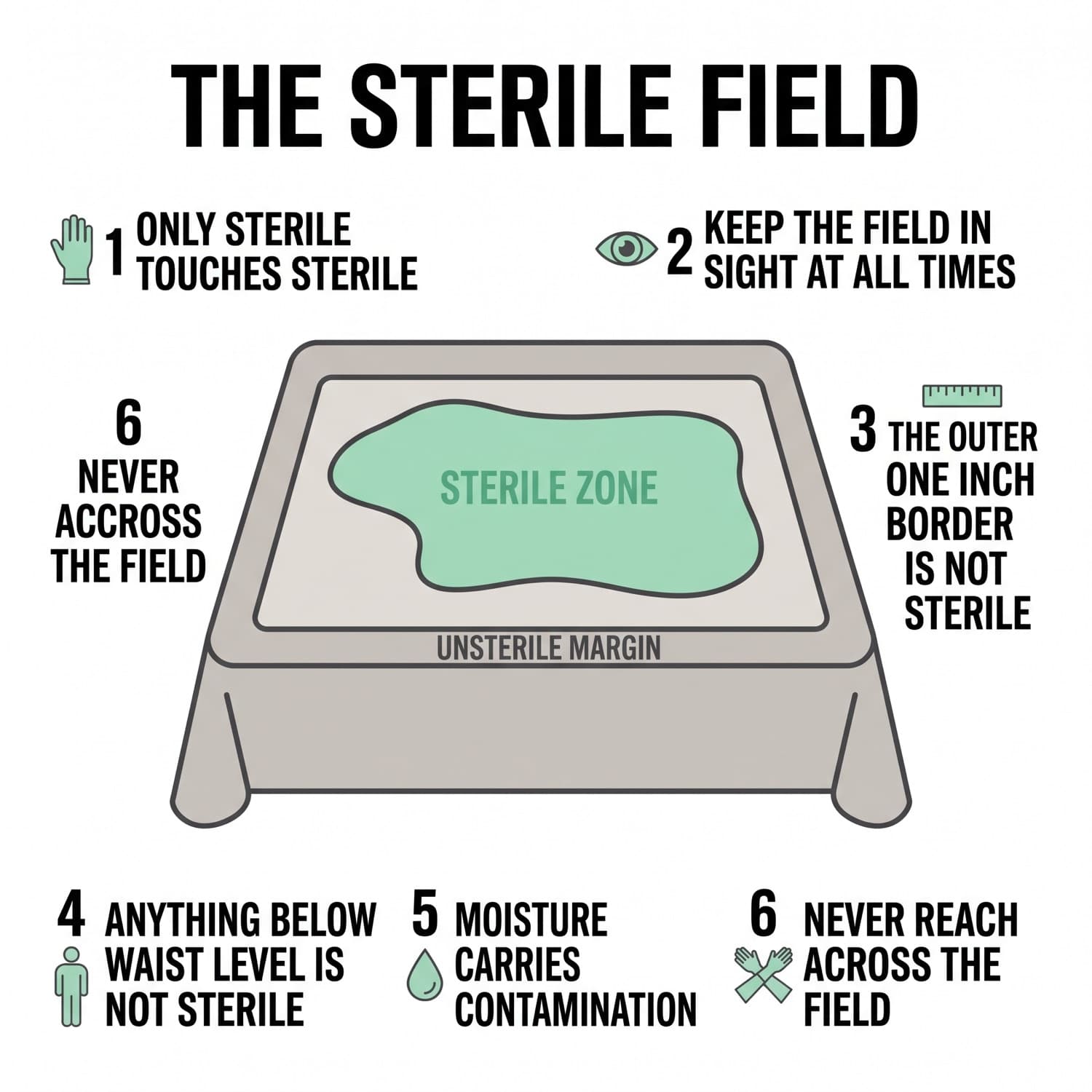 The sterile field seen from above with the six rules that keep it sterile.