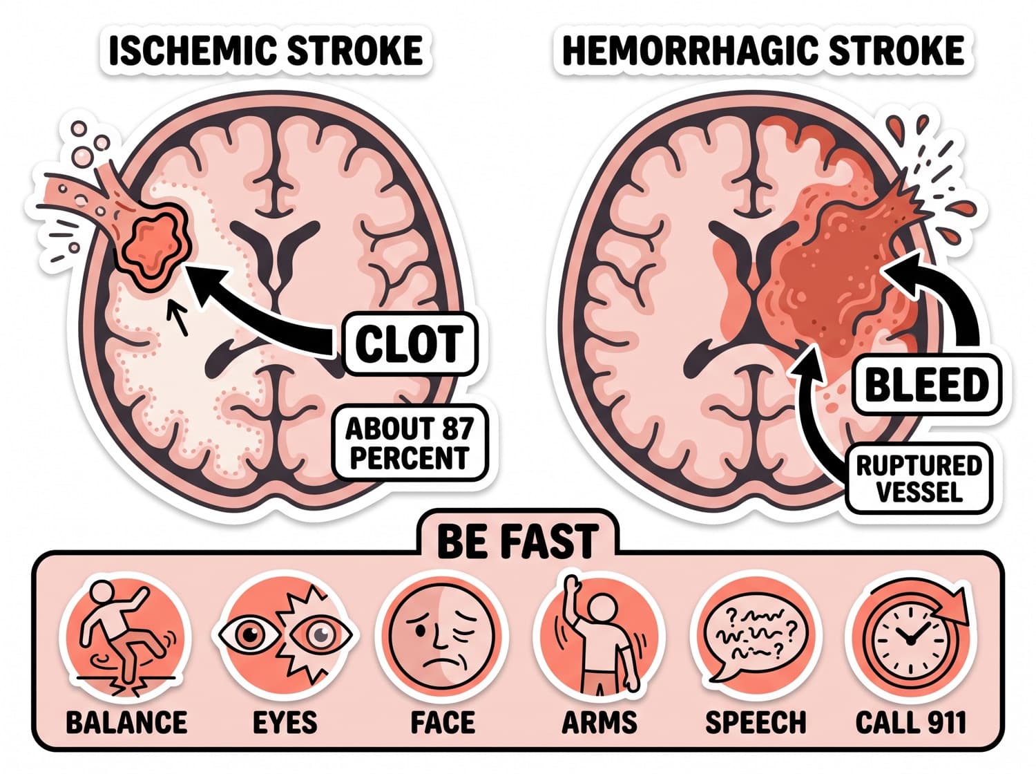 Ischemic and hemorrhagic stroke compared in cross-section, with the BE FAST screen beneath.