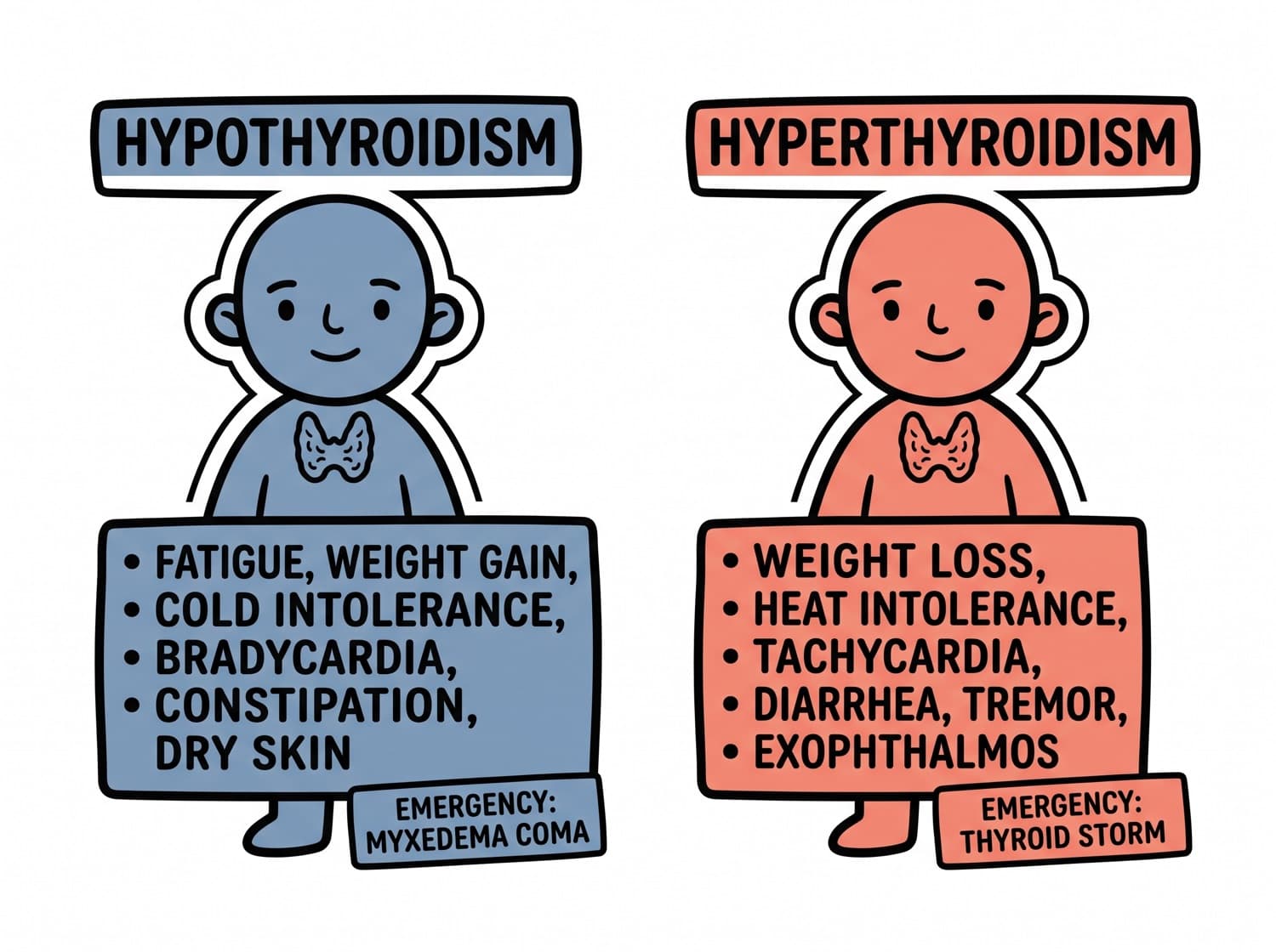Hypothyroidism and hyperthyroidism compared by symptom, with the emergency each can become.