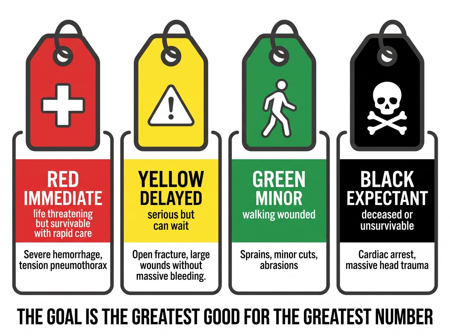 The four disaster triage tag colours with what each means and an example injury.